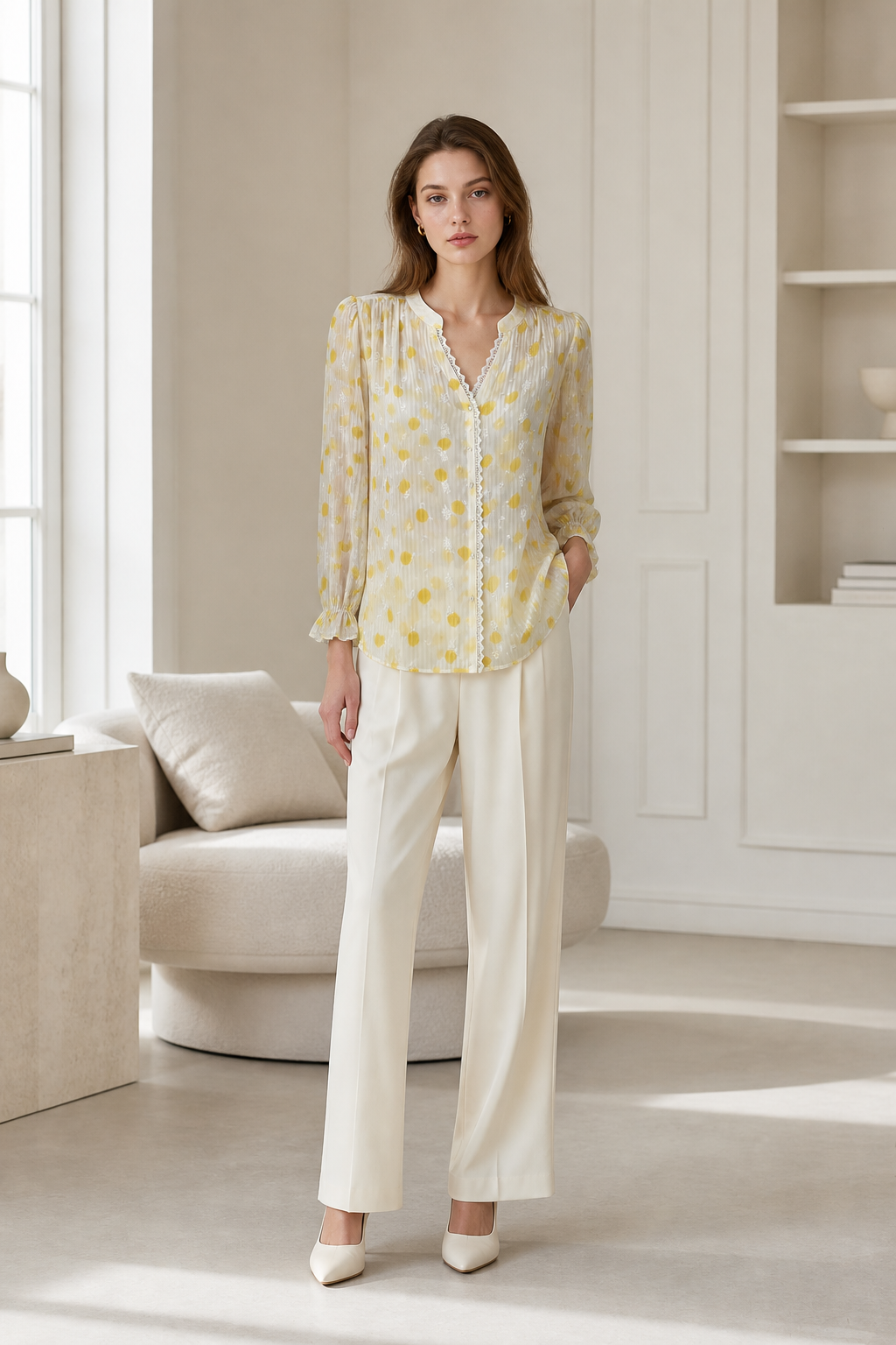 Chic White‑Yellow Dot Print Lace‑Trim Blouse, Stand Collar Flounce Cuff Loose‑Fit Top A-42439