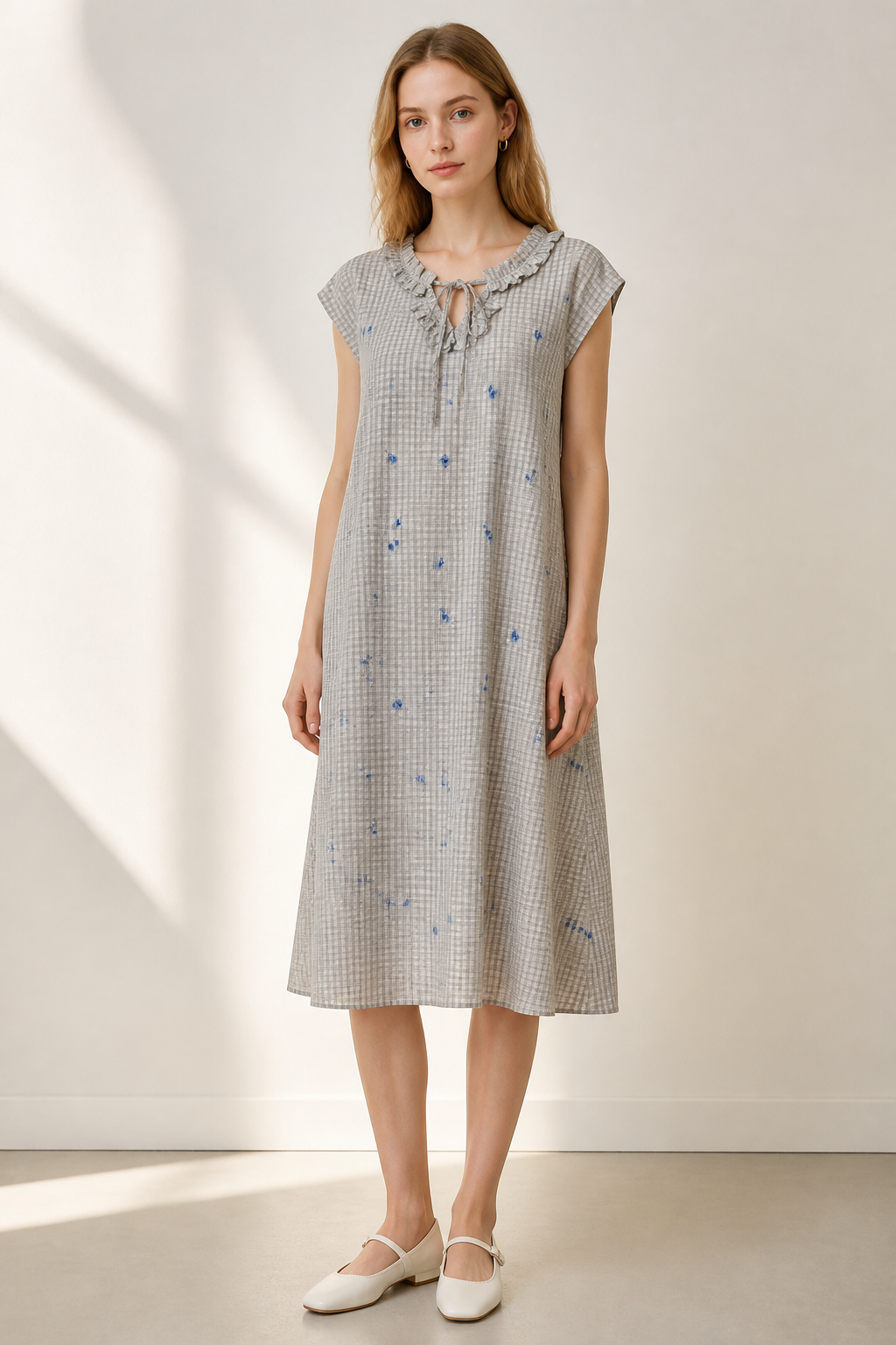 Vintage Plaid Floral‑Stitch Loose Dress, Ruffled Tie‑Neck Cap‑Sleeve Daily‑Vacation Midi Dress A-42657
