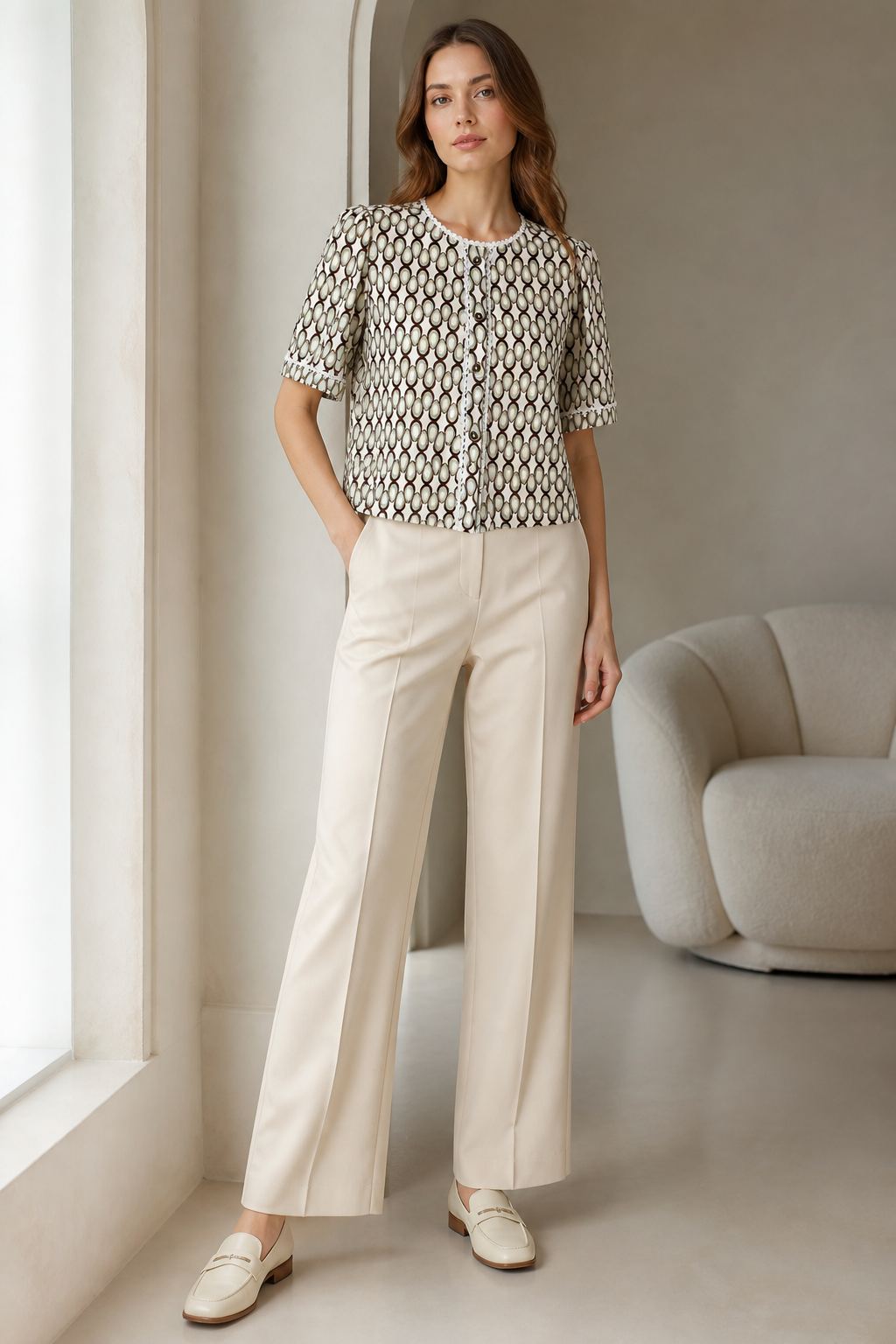 Elegant Geometric Print Short‑Sleeve Blouse, Lace‑Edged Round‑Neck Button‑Down Relaxed‑Fit Top A-42762