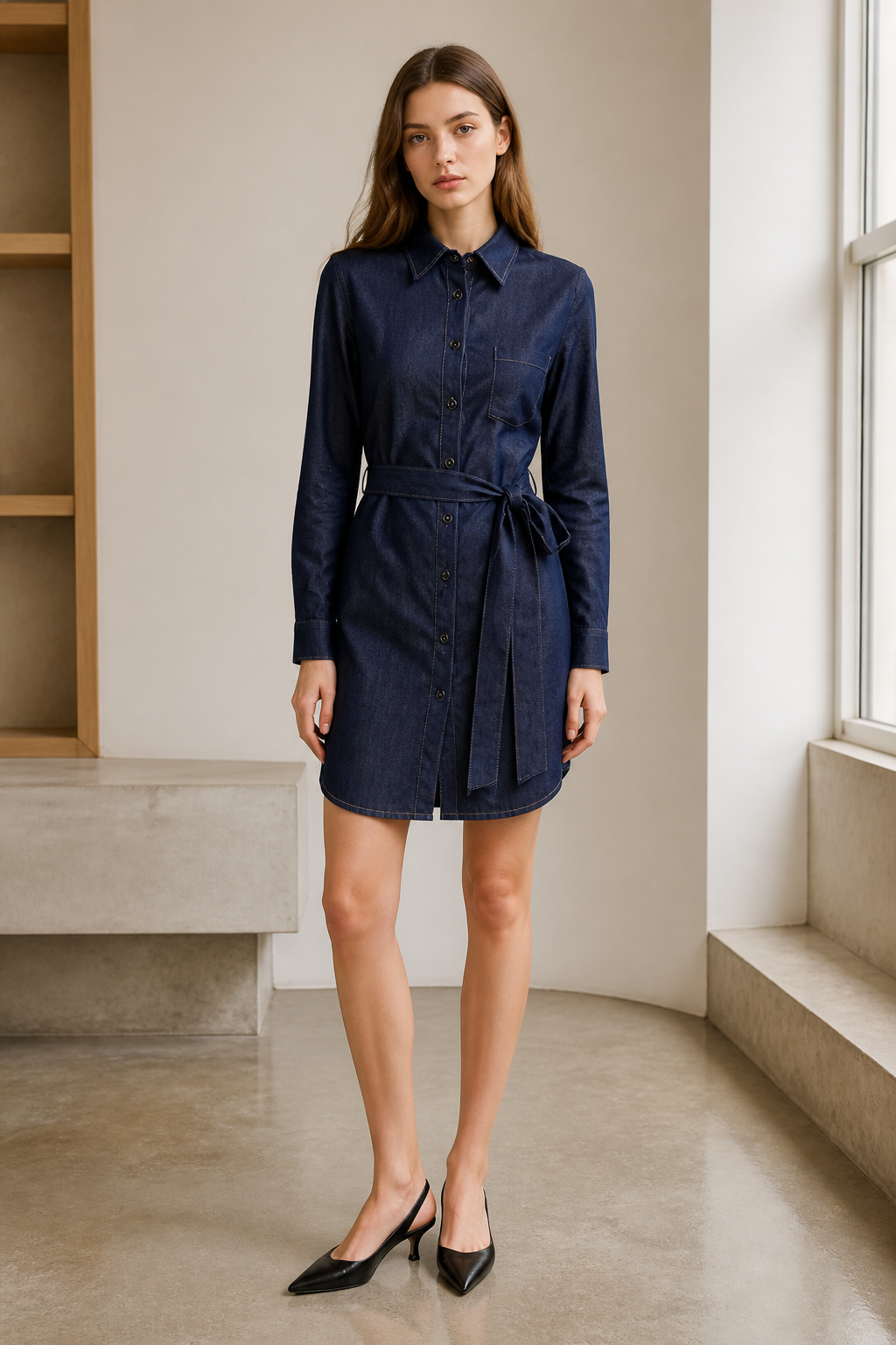 Elegant Dark Wash Denim Midi Dress, Collared Long‑Sleeve Waist‑Tie Button‑Down Casual Dress For Women A-43054