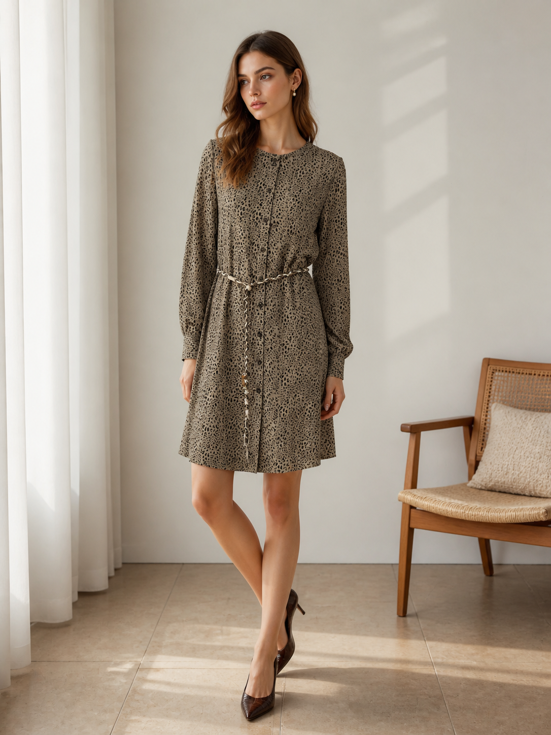 Women's Leopard Print Midi Dress, Round‑Neck Long‑Sleeve Button‑Front Braided Belt Waist‑Tie Casual Dress A-43188
