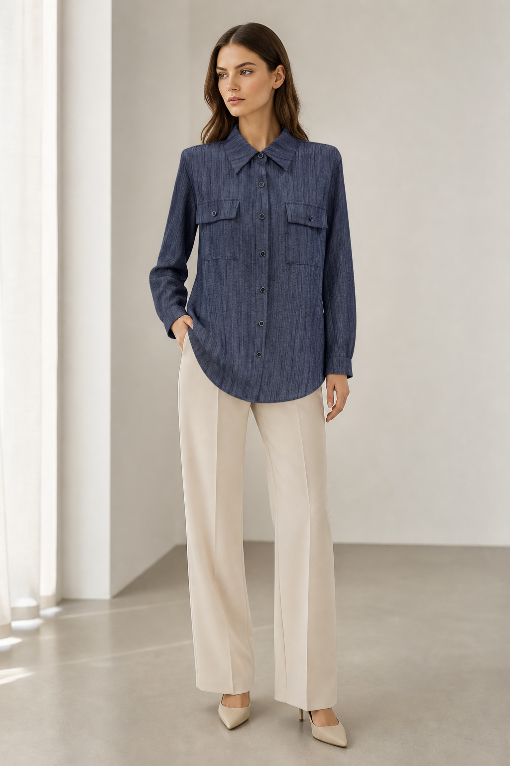 Chic Textured Dark Blue Loose Shirt, Turn‑Down Collar Long‑Sleeve Dual‑Pocket Casual Utility Blouse A-43392