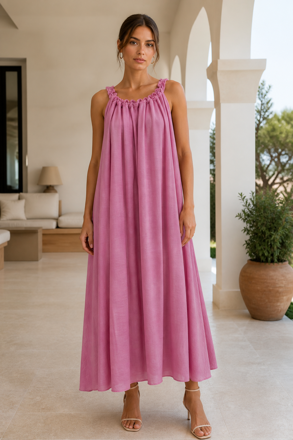 Chic Gradient‑Pink Flowy Sundress, Halter Sleeveless Ruffled Neck Loose‑Fit Daily‑Holiday Dress C-38742