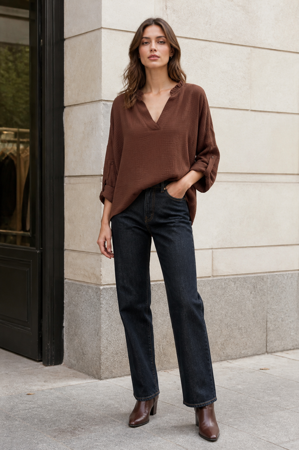 Brown Crinkle‑Textured V‑Neck Blouse With Ruffled Notch Collar & Roll‑Up Sleeves C-43565