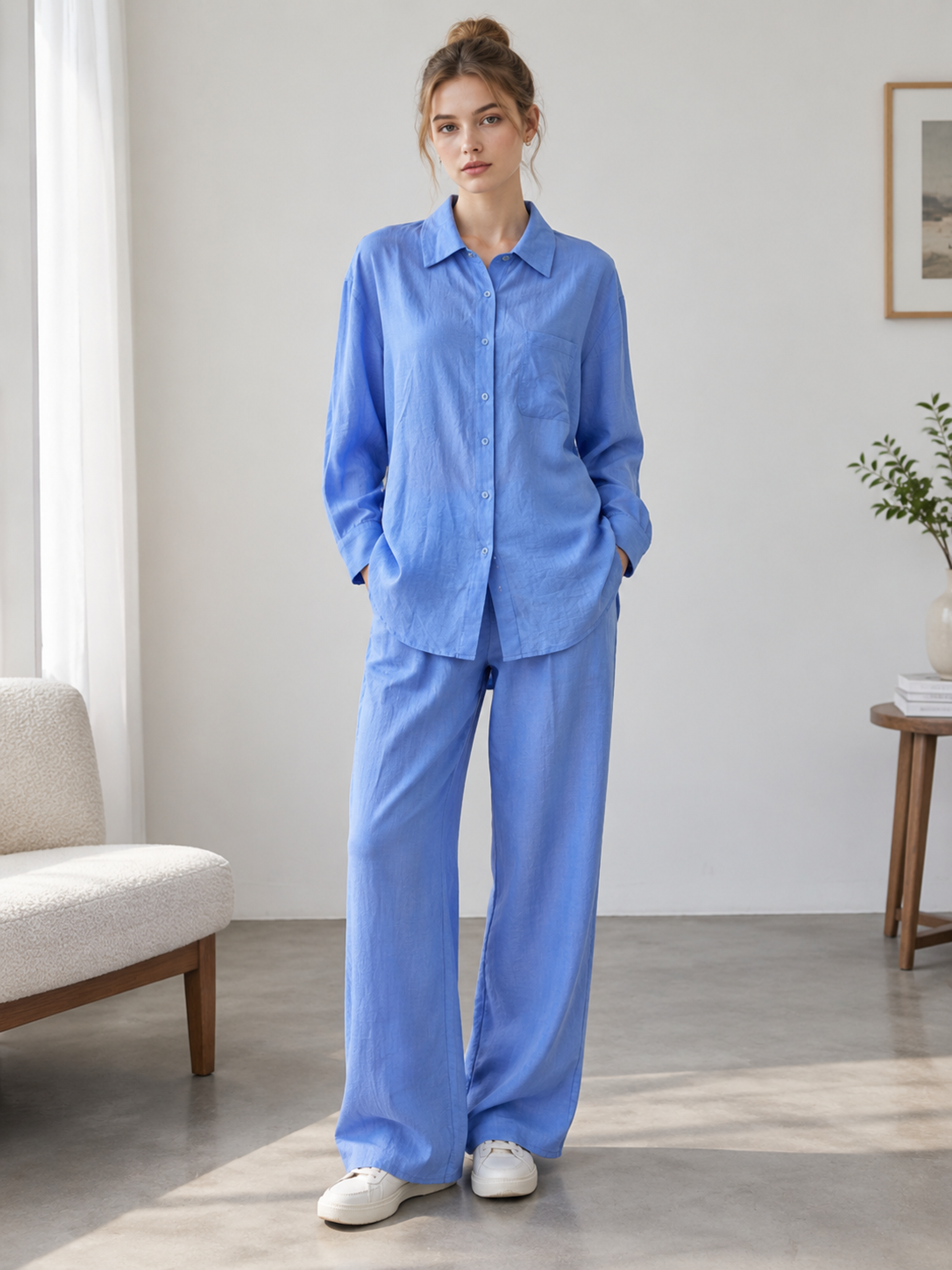 Women’s Oversized Linen Button Down Shirt C-42178