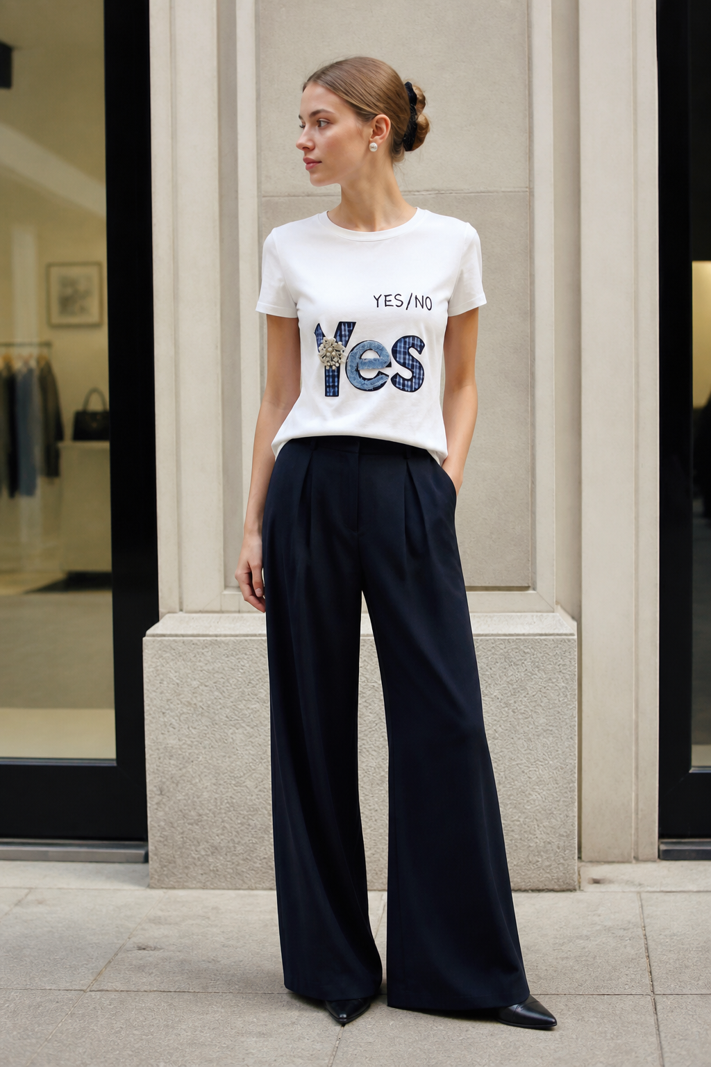 White Crew‑Neck Cotton T‑Shirt, Plaid Letter Applique With Beaded Flower Embellishment M-42129-24