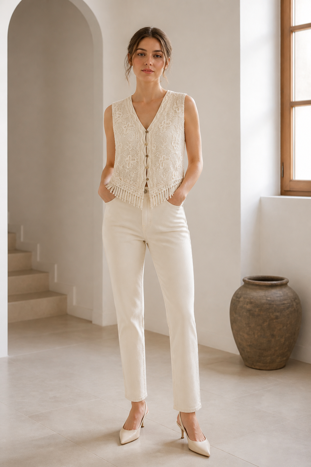 Cream Floral‑Lace Sleeveless Vest, V‑Neck Button‑Front Cropped Waistcoat With Fringe Hem W-43016