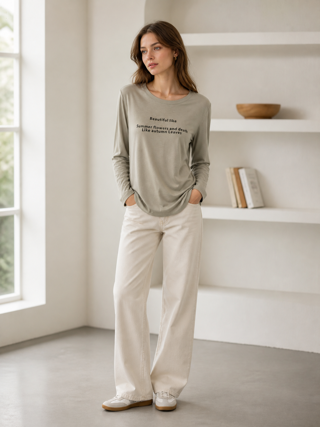 Khaki Round‑Neck Long‑Sleeve T‑Shirt, Letter Graphic Print With Decorative Flower W-43060