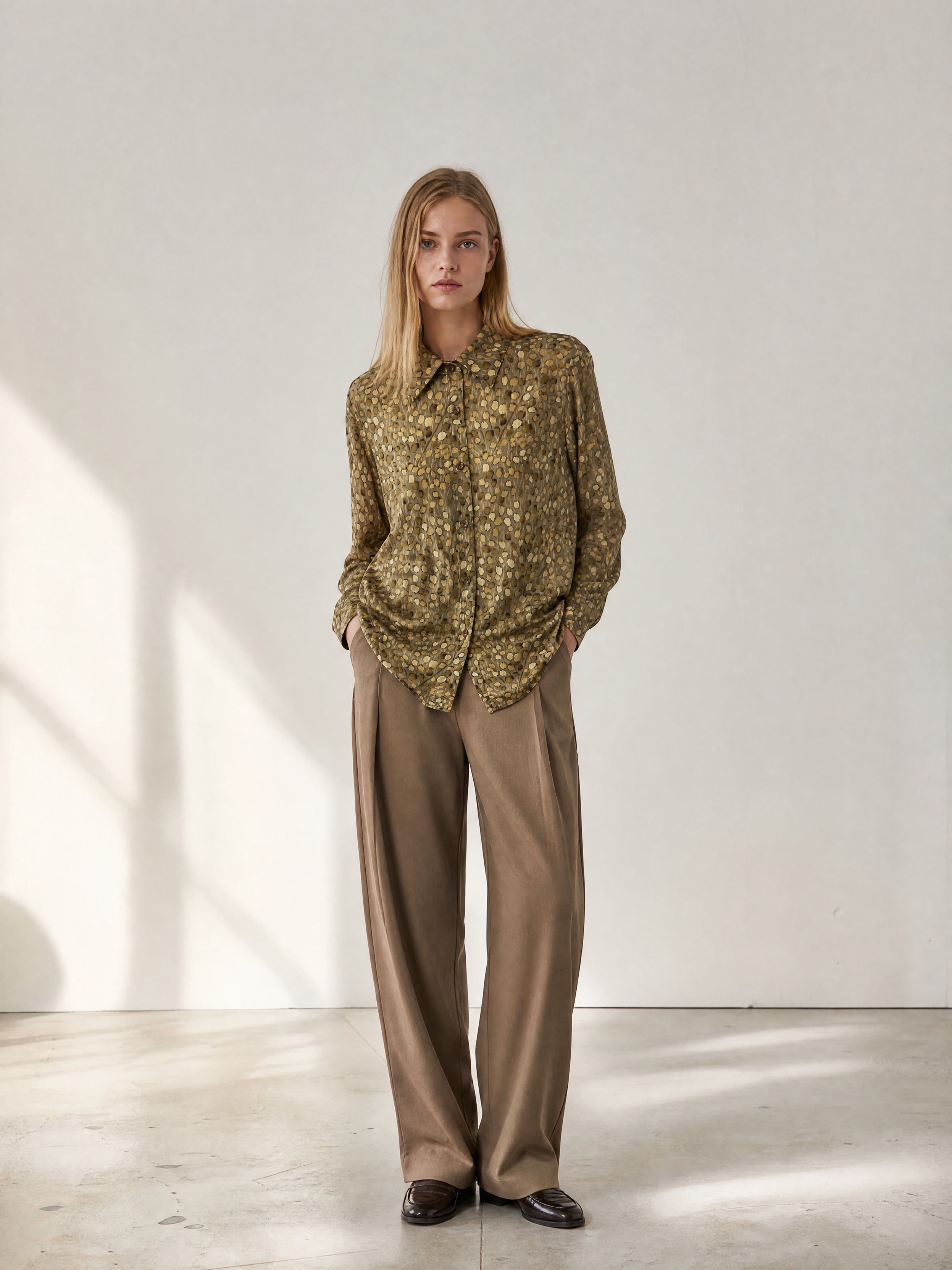 Retro Neutral‑Tone Speckled Print Long‑Sleeve Blouse For Office & Daily Wear W-43166