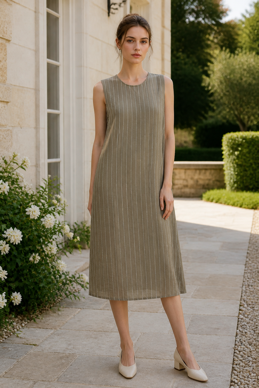 Versatile Linen‑Textured Sleeveless Shift Dress For Vacation & Office C-42198H