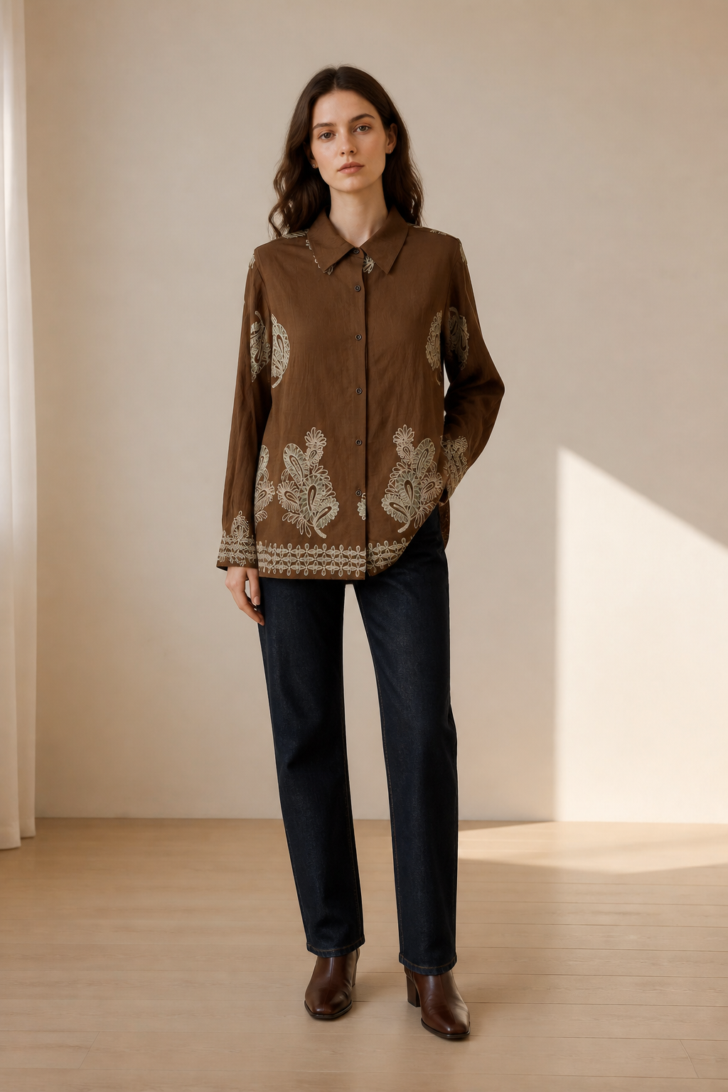 Boho‑Chic Paisley‑Embroidered Textured‑Fabric Loose Button‑Front Shirt W-43352
