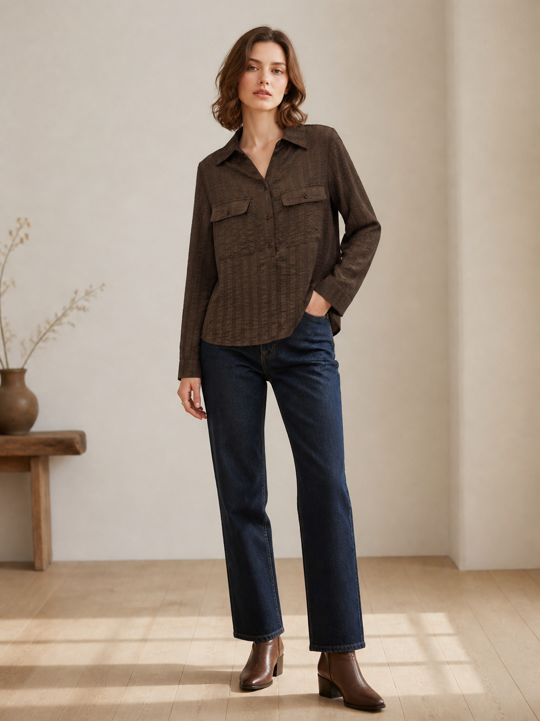 Dark‑Brown Textured Stripe Half‑Button Collared Long‑Sleeve Blouse With Chest Pockets W-43402