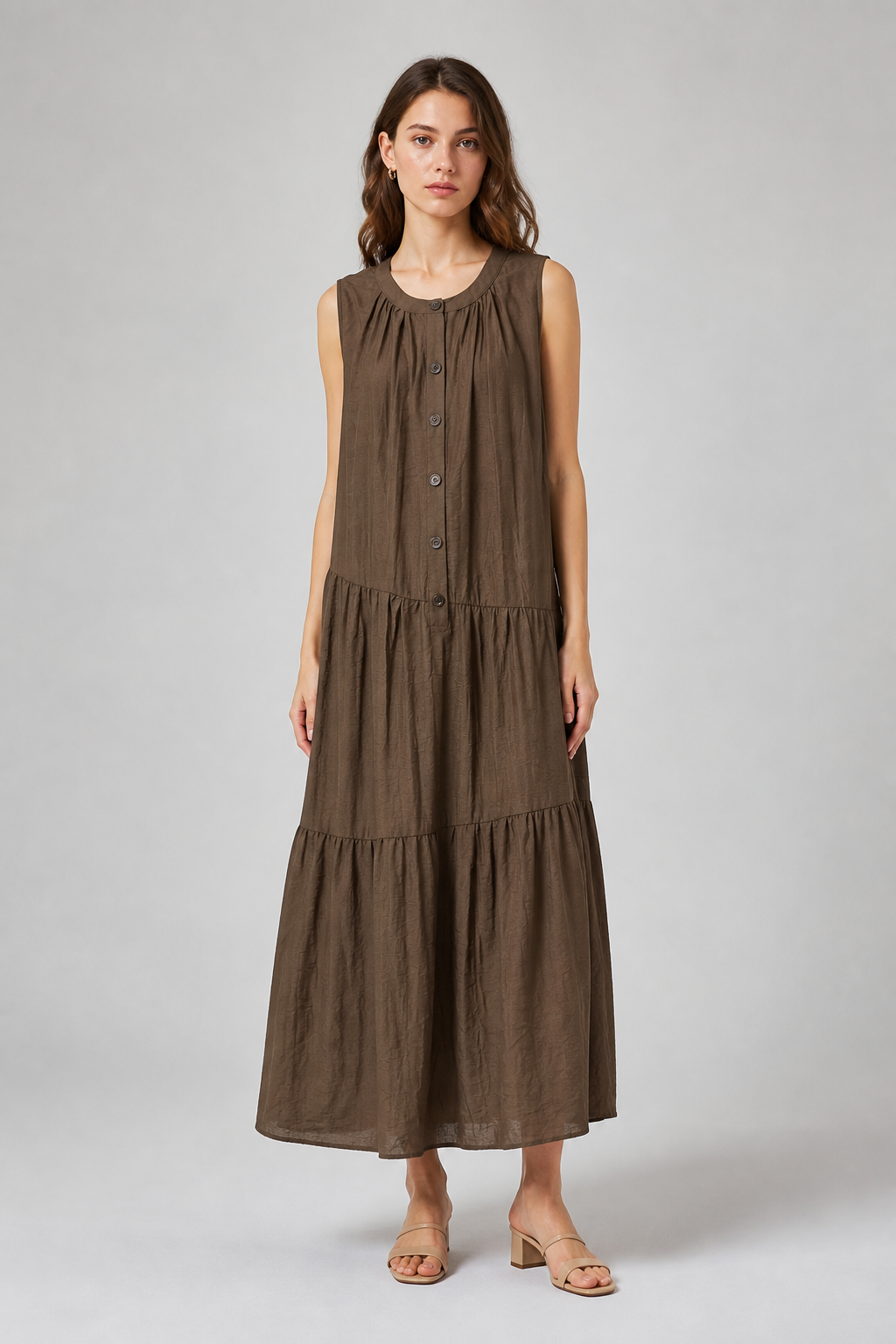 Women's Brown Sleeveless Tiered Midi Dress, Round‑Neck Button‑Front Loose‑Fit Casual Long Dress 