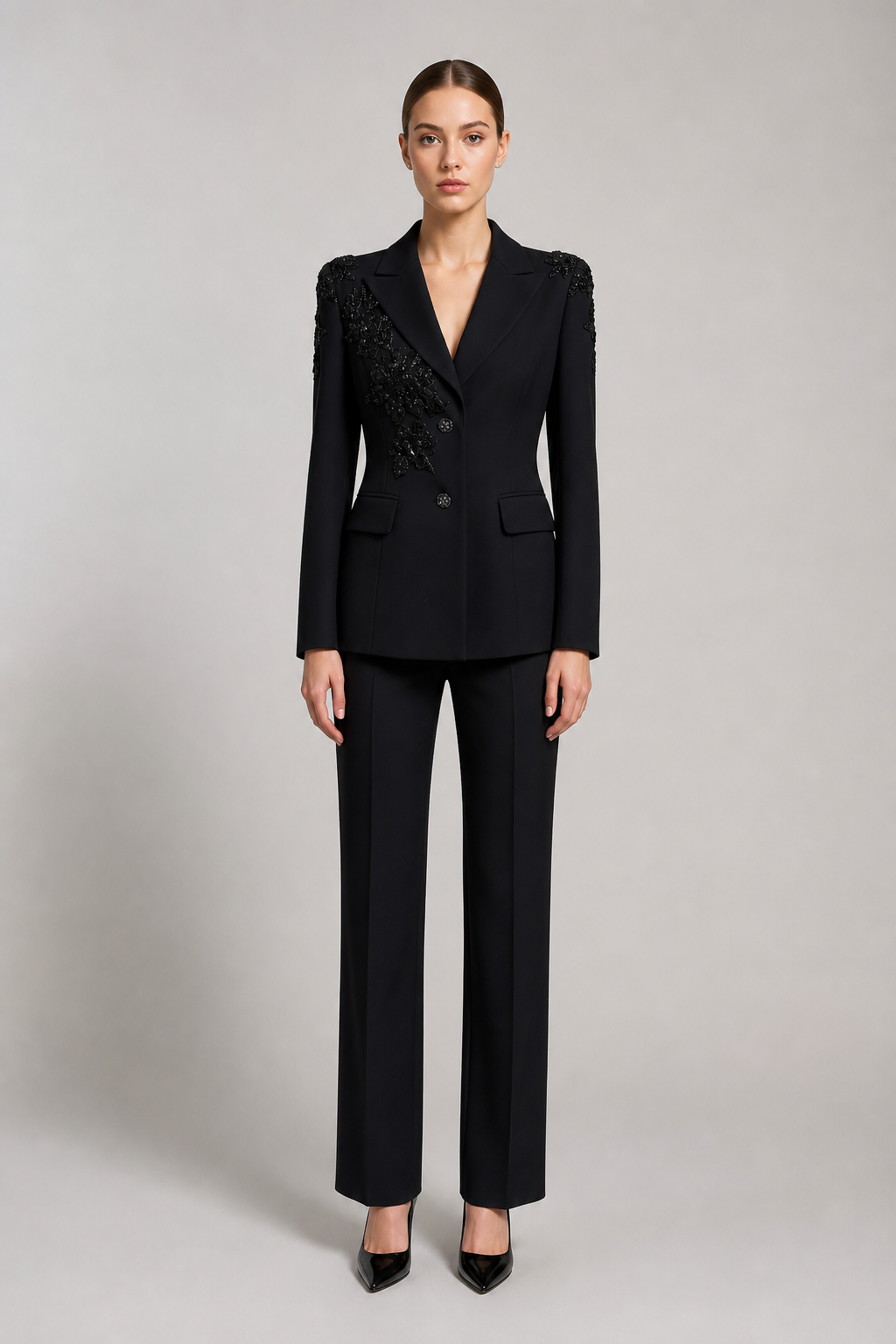 Elegant Embellished Floral Beaded Blazer Jacket, Lapel Collar Long‑Sleeve Office‑Party Outerwear 8013-190