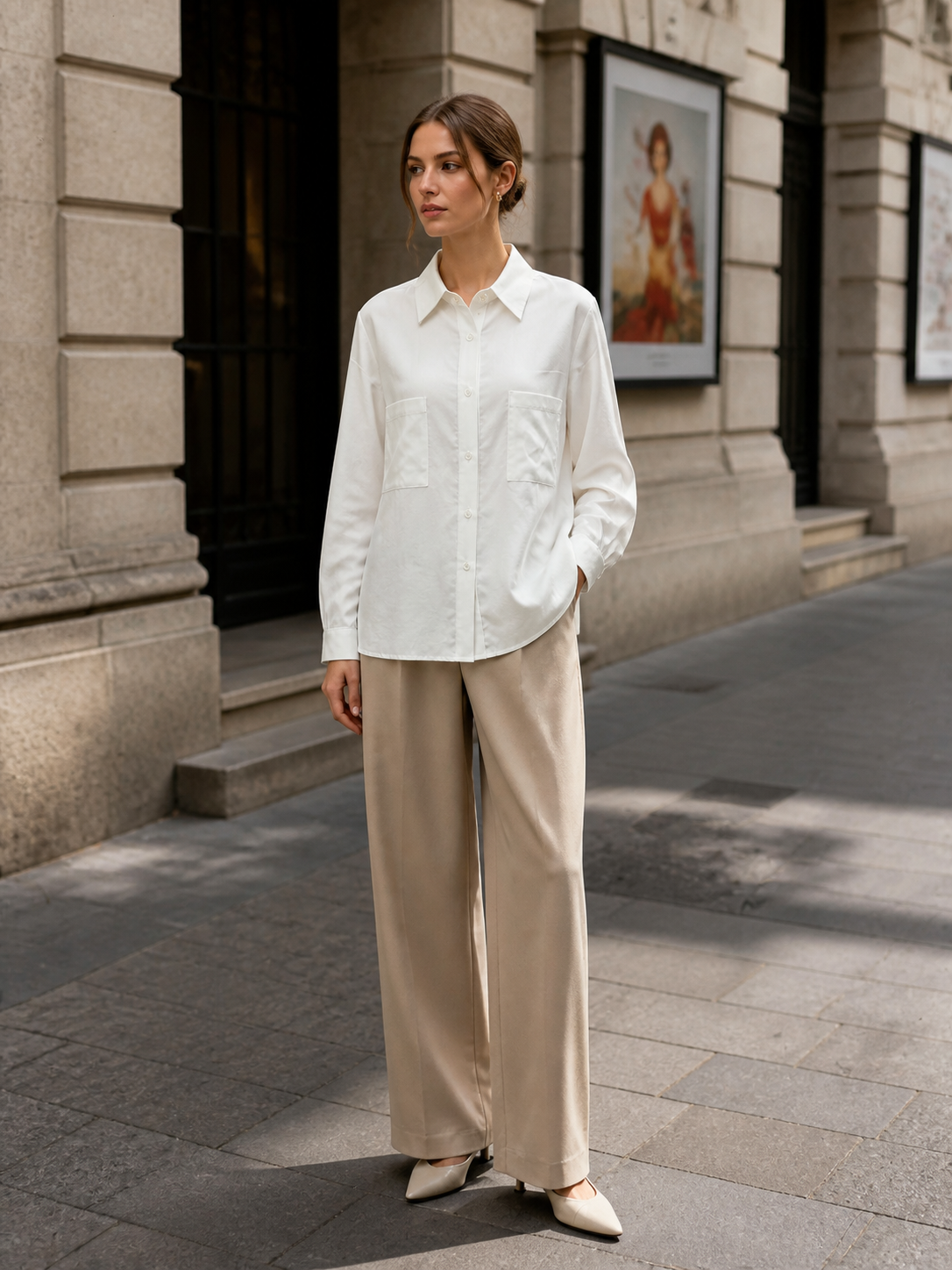 Basic Oversized White Cotton‑Feel Shirt, Two Patch Pockets Long‑Sleeve Button‑Up Top For Women A-41598