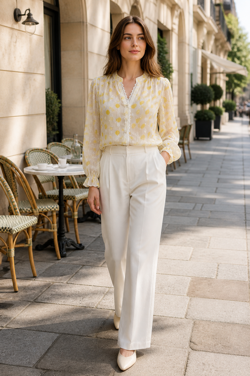 Chic White‑Yellow Dot Print Lace‑Trim Blouse, Stand Collar Flounce Cuff Loose‑Fit Top A-42439