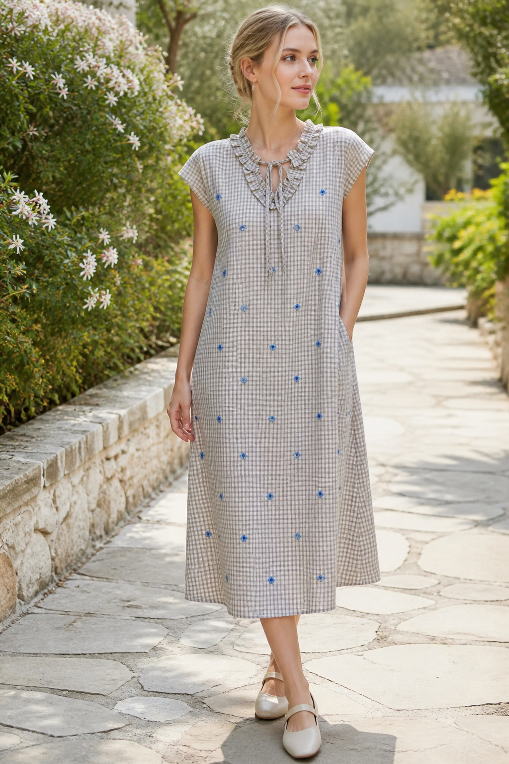 Vintage Plaid Floral‑Stitch Loose Dress, Ruffled Tie‑Neck Cap‑Sleeve Daily‑Vacation Midi Dress A-42657