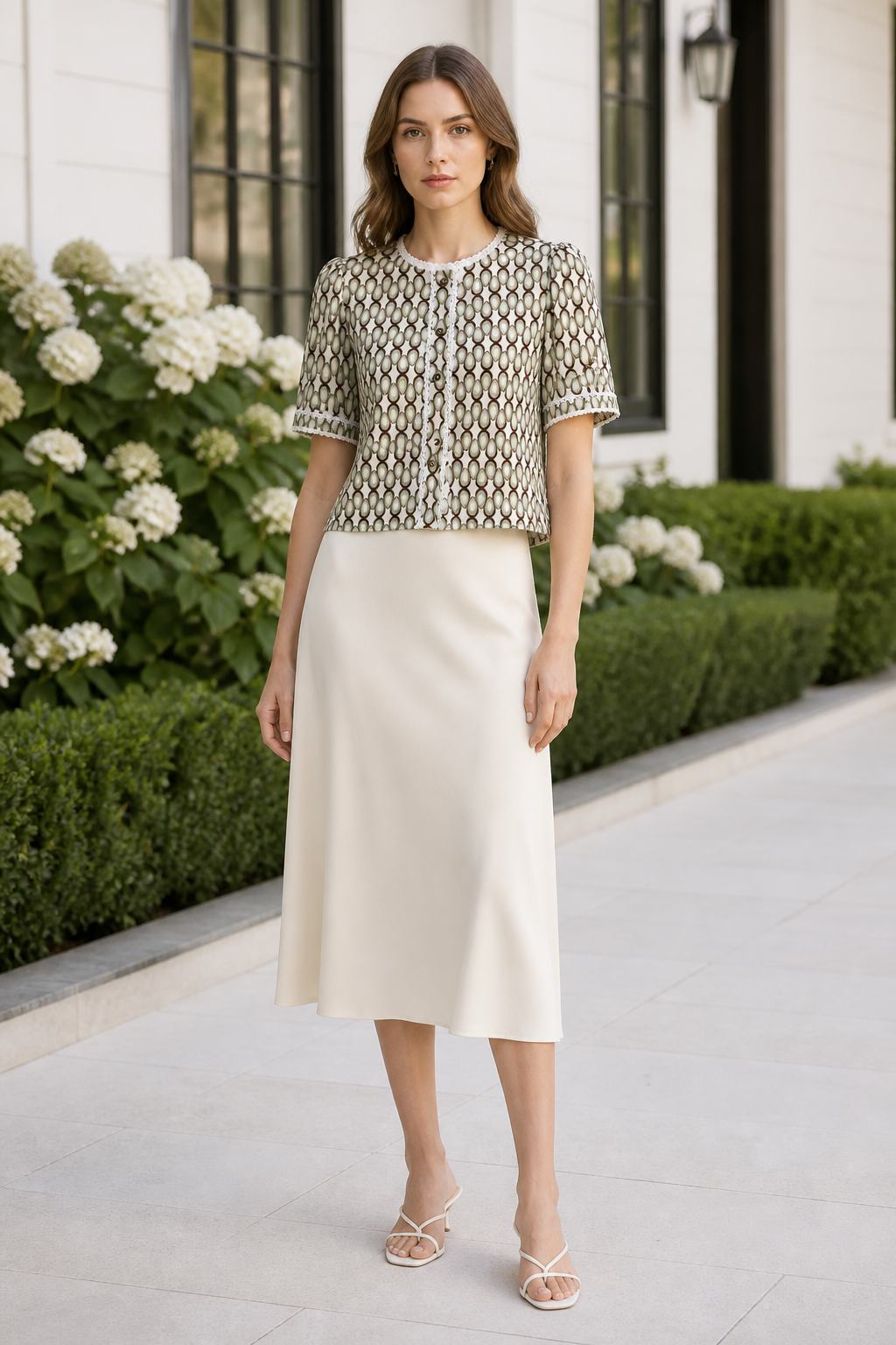 Elegant Geometric Print Short‑Sleeve Blouse, Lace‑Edged Round‑Neck Button‑Down Relaxed‑Fit Top A-42762