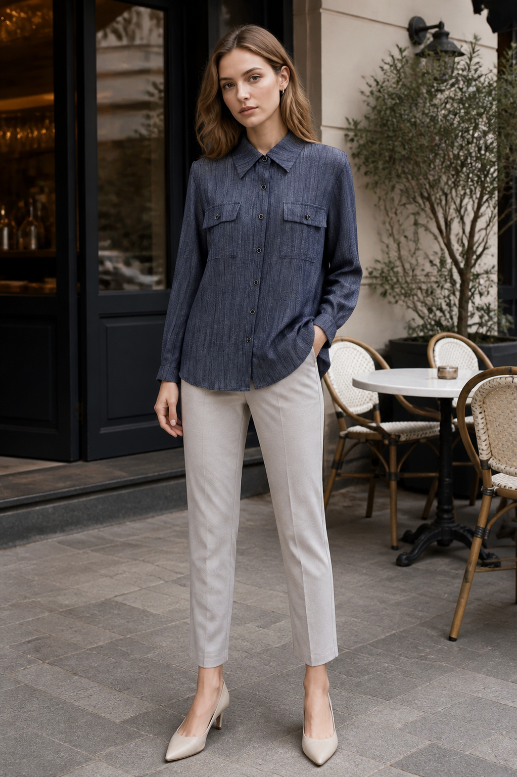 Chic Textured Dark Blue Loose Shirt, Turn‑Down Collar Long‑Sleeve Dual‑Pocket Casual Utility Blouse A-43392