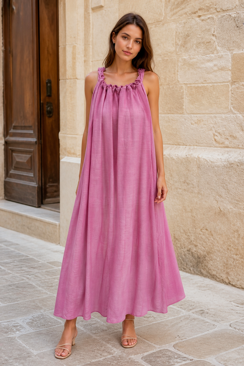 Chic Gradient‑Pink Flowy Sundress, Halter Sleeveless Ruffled Neck Loose‑Fit Daily‑Holiday Dress C-38742