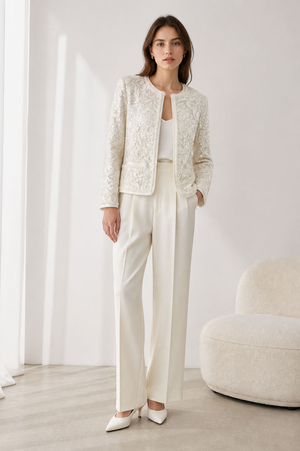 Women's White Lace Sequin Open‑Front Jacket, Round‑Neck Long‑Sleeve Pocket‑Detail Elegant Sparkly Party Blazer C-41067