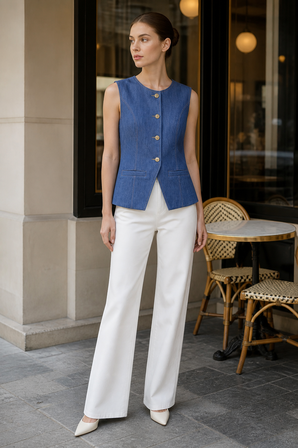 Women's Blue Fitted Denim Waistcoat Vest, Round‑Neck Sleeveless Gold‑Button‑Front Pocket Casual Layering Top C-41270