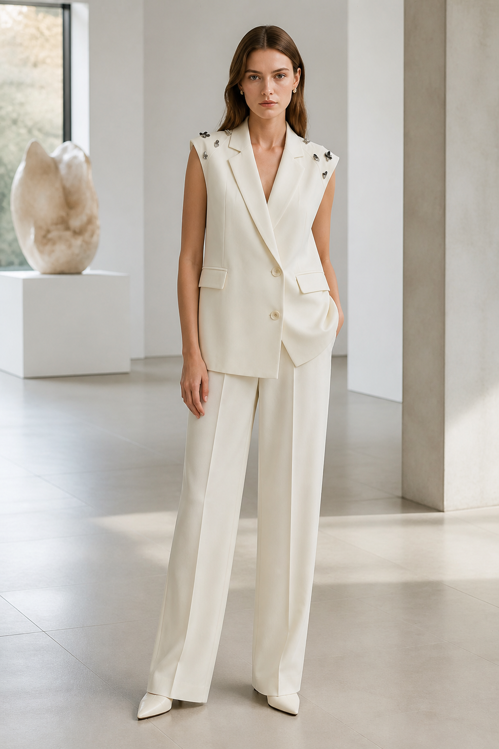 Luxury Loose‑Fit Long‑Line Sleeveless Waistcoat, Off‑White Lapel Two‑Button Shoulder Bead Detail Casual‑Dressy Outer‑Layer C-41945