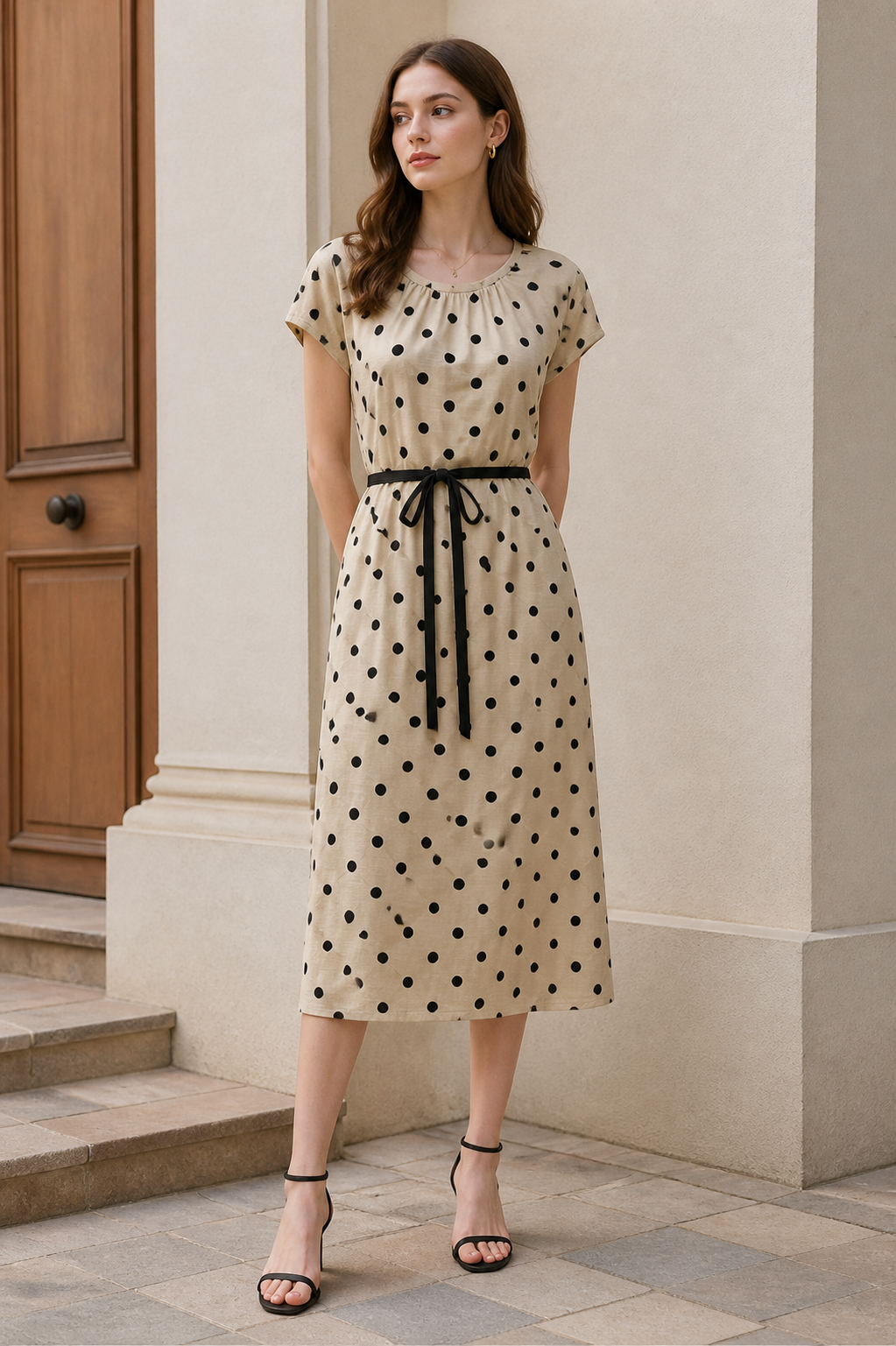 Women's Beige Black Polka‑Dot Midi Dress, Round‑Neck Gathered Cap‑Sleeve Self‑Tie Waist Belt Casual Summer Long Dress S-38992