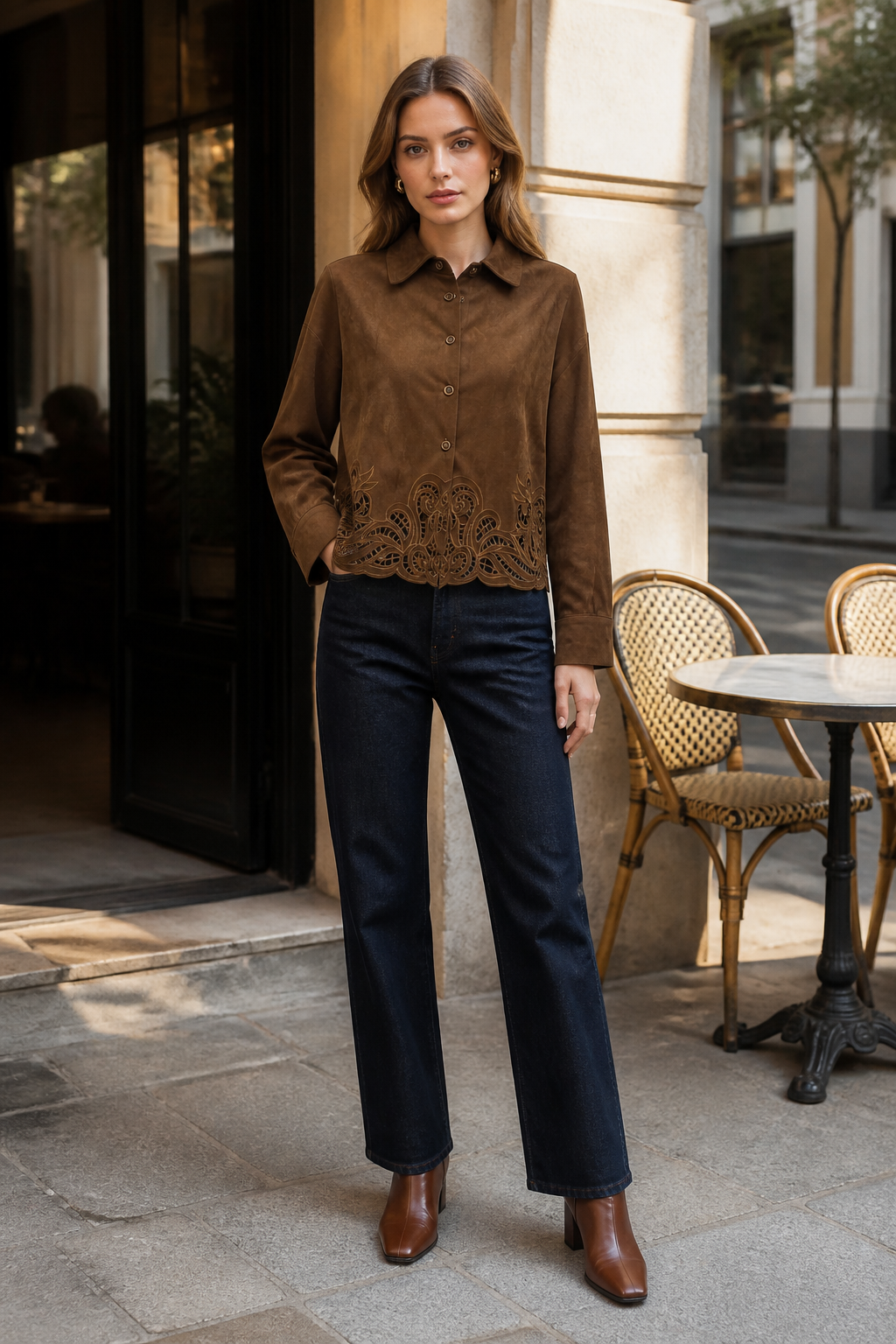 Boho‑Style Long‑Sleeve Button‑Down Cutwork Hem Casual Shirt C-43257