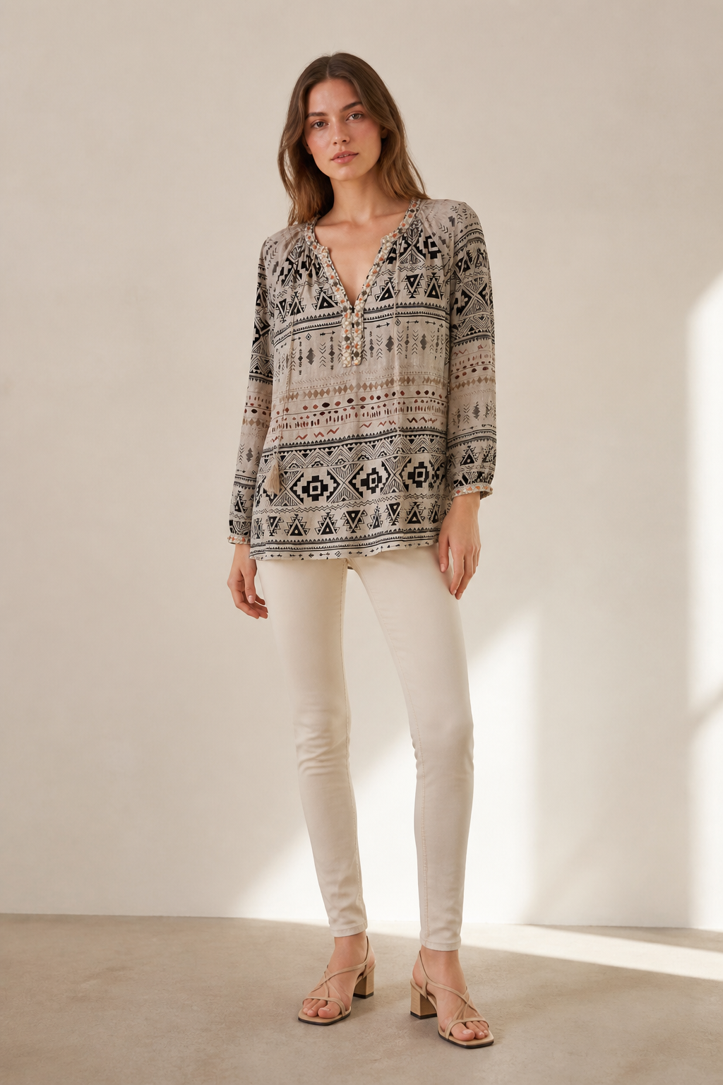 Chic Ethnic‑Print Boho Blouse, V‑Neck Tassel Detail Beaded Embroidery Long‑Sleeve Relaxed‑Fit Casual‑Vacation Tunic Top W-41402