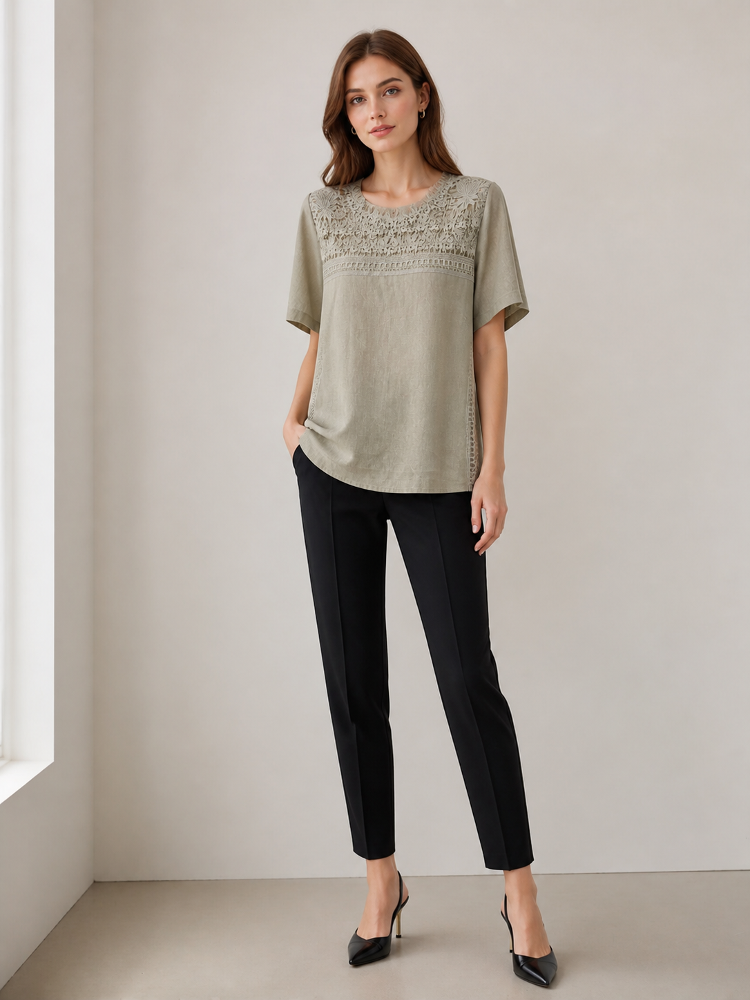 Women's Oatmeal Linen Lace‑Yoke Blouse, Round‑Neck Cut‑Work Lace Shoulder Short‑Sleeve Side‑Slit Loose‑Fit Casual Top W-42900