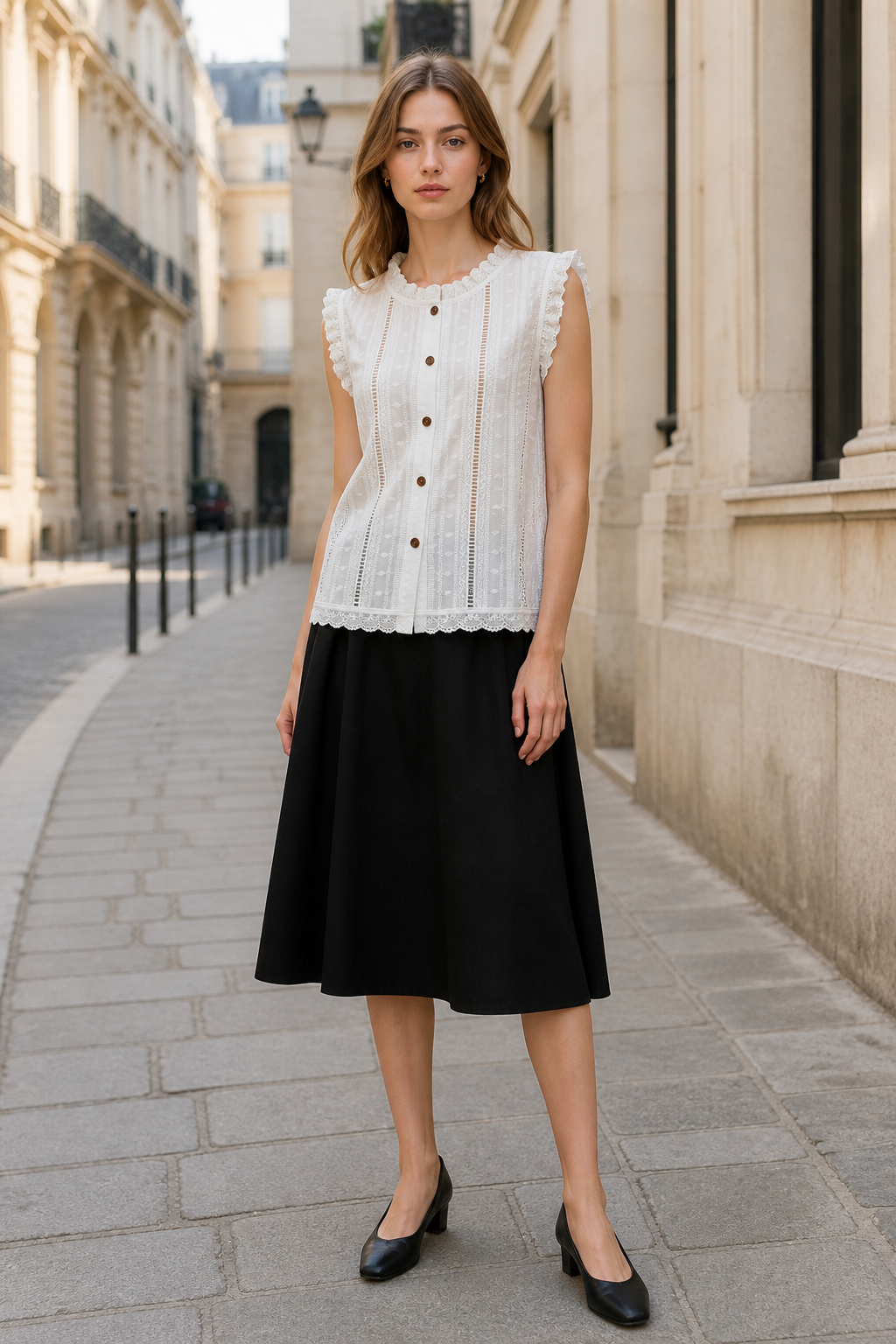 White Cut‑Work Embroidered Sleeveless Blouse With Ruffled Neck & Lace Trim D-43034