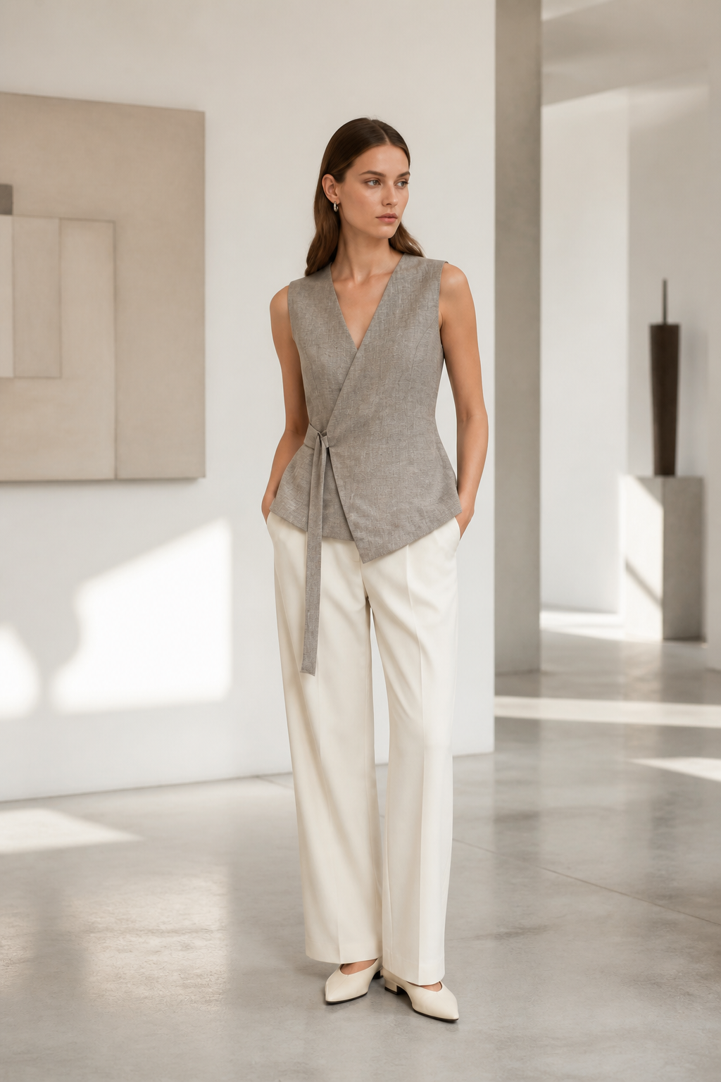  Chic Textured Sleeveless Peplum Blouse V-Neck Belted Wrap Waistcoat C-42121
