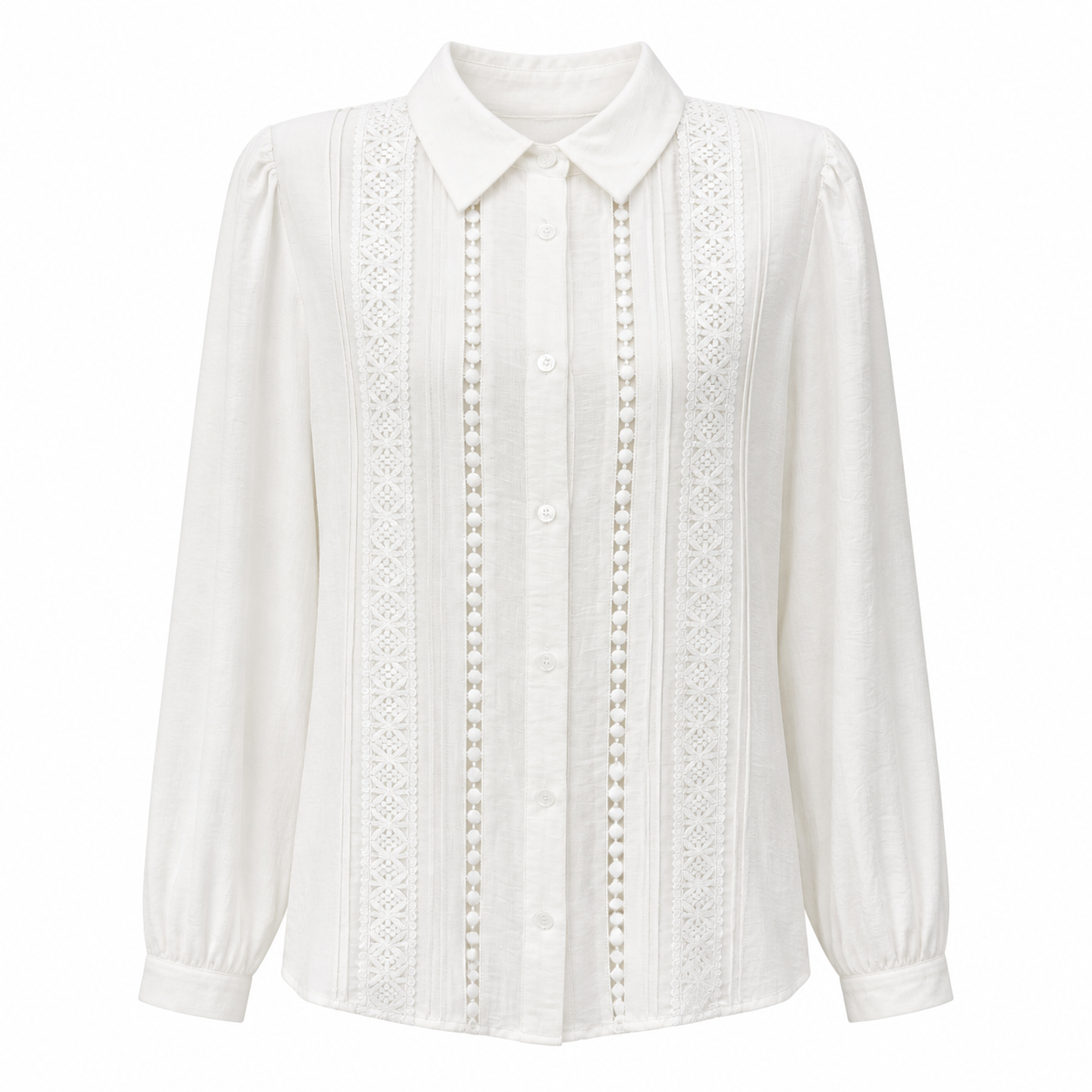 White Collared Long‑Sleeve Blouse With Vertical Lace‑Trim Panels C-43309