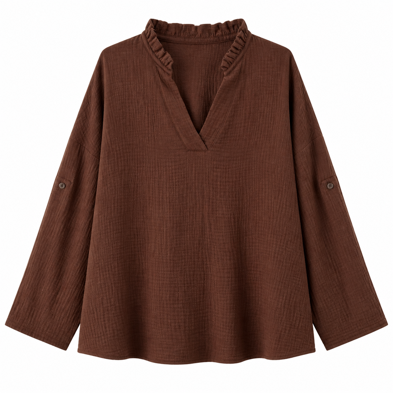 Brown Crinkle‑Textured V‑Neck Blouse With Ruffled Notch Collar & Roll‑Up Sleeves C-43565