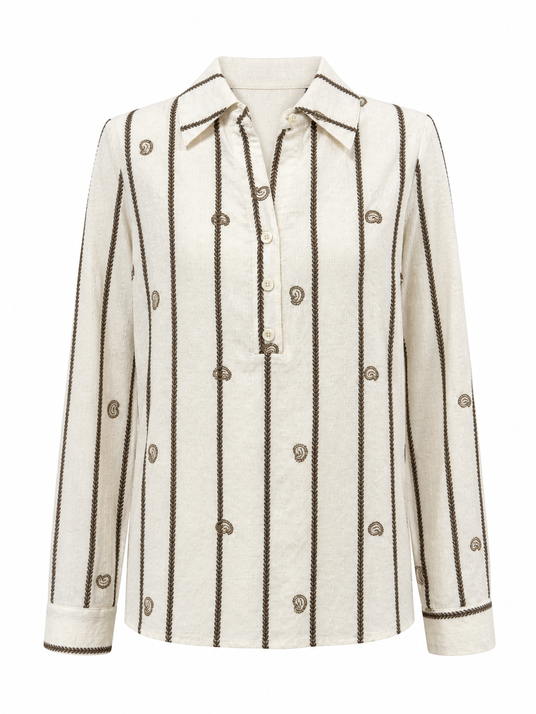 Off‑White Vertical‑Stripe Paisley‑Embroidered Henley Collar Long‑Sleeve Blouse D-42992