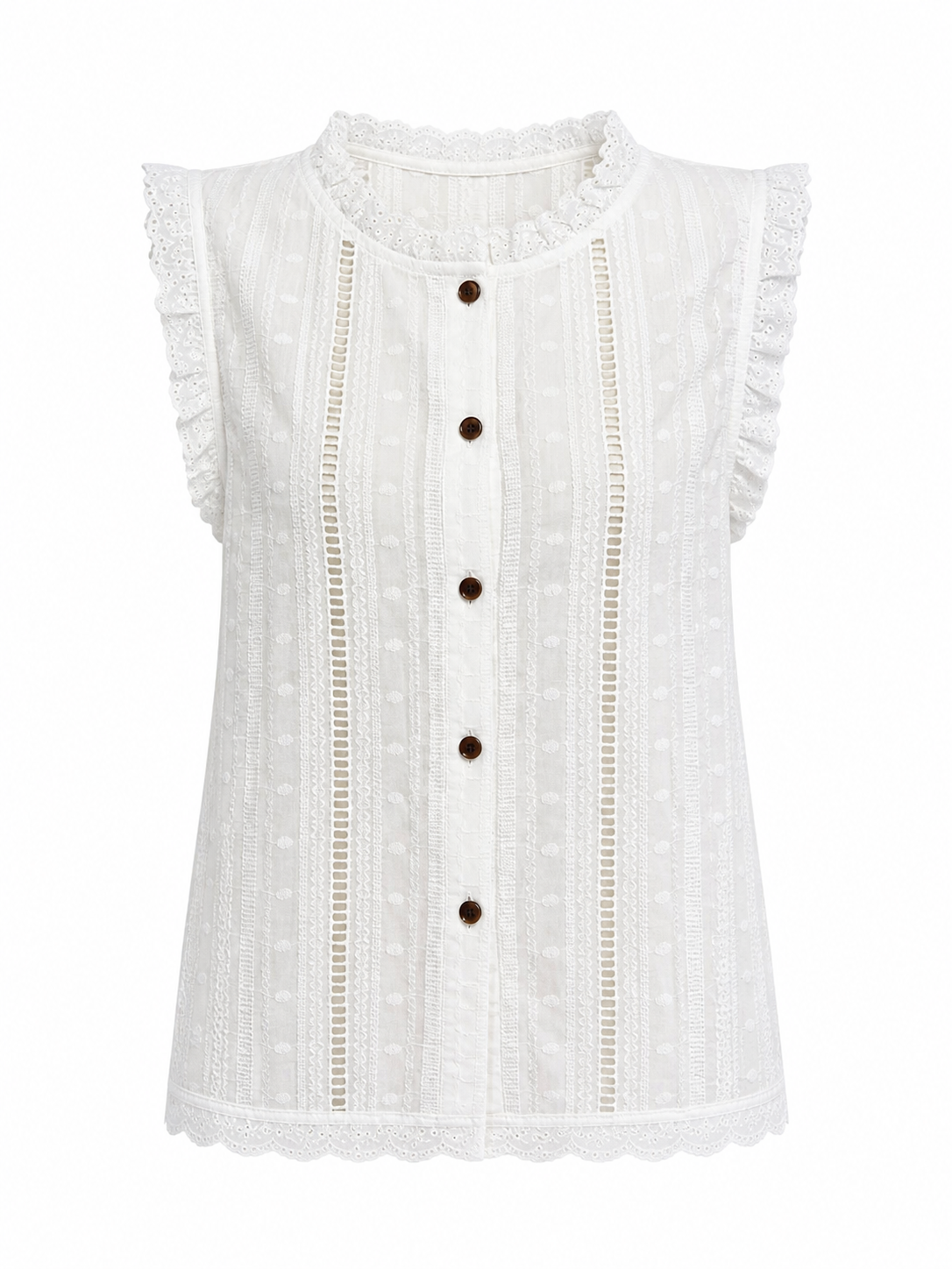 White Cut‑Work Embroidered Sleeveless Blouse With Ruffled Neck & Lace Trim D-43034