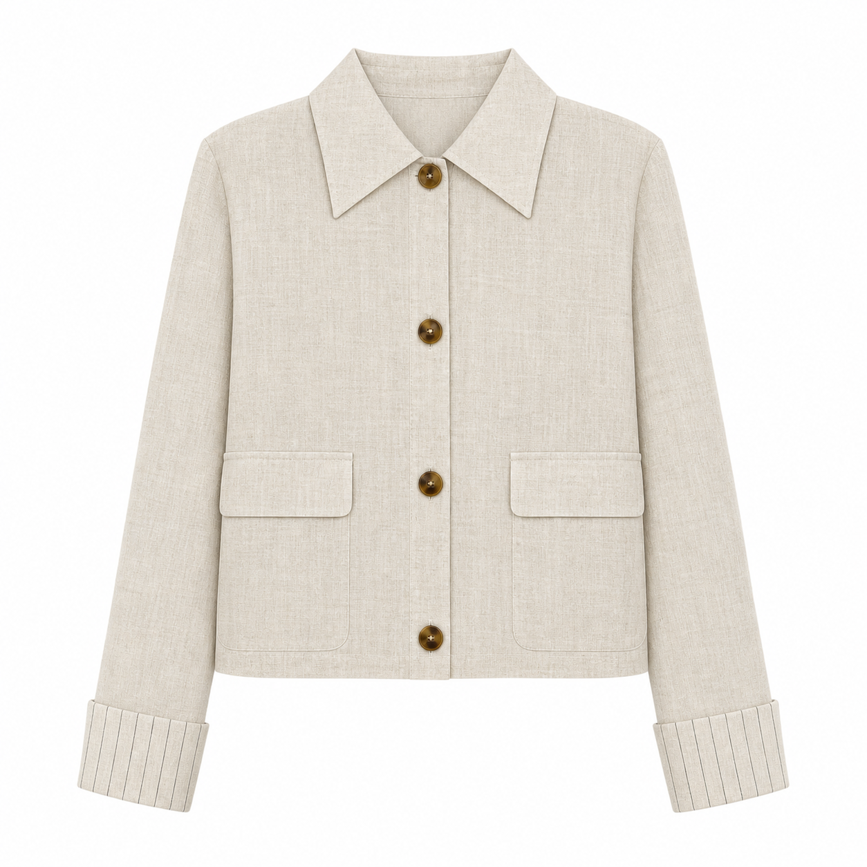 Oat‑Beige Linen‑Blend Cropped Jacket With Point Collar & Patch Pockets K-41661