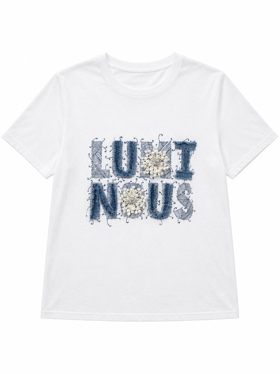 White Crew‑Neck Short‑Sleeve T‑Shirt With Denim Letter Applique & Beaded Floral Embellishment M-42129-22