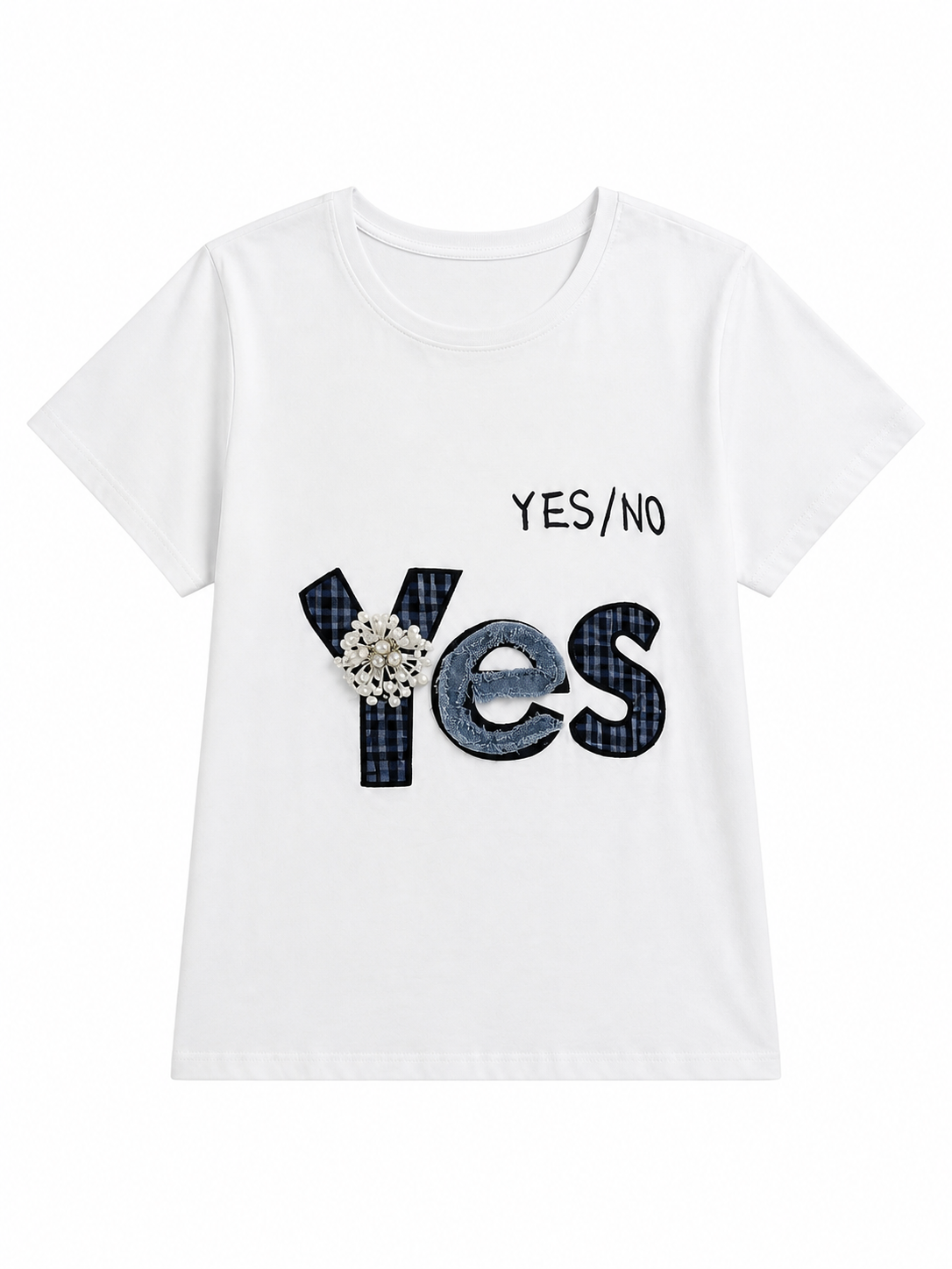 White Crew‑Neck Cotton T‑Shirt, Plaid Letter Applique With Beaded Flower Embellishment M-42129-24