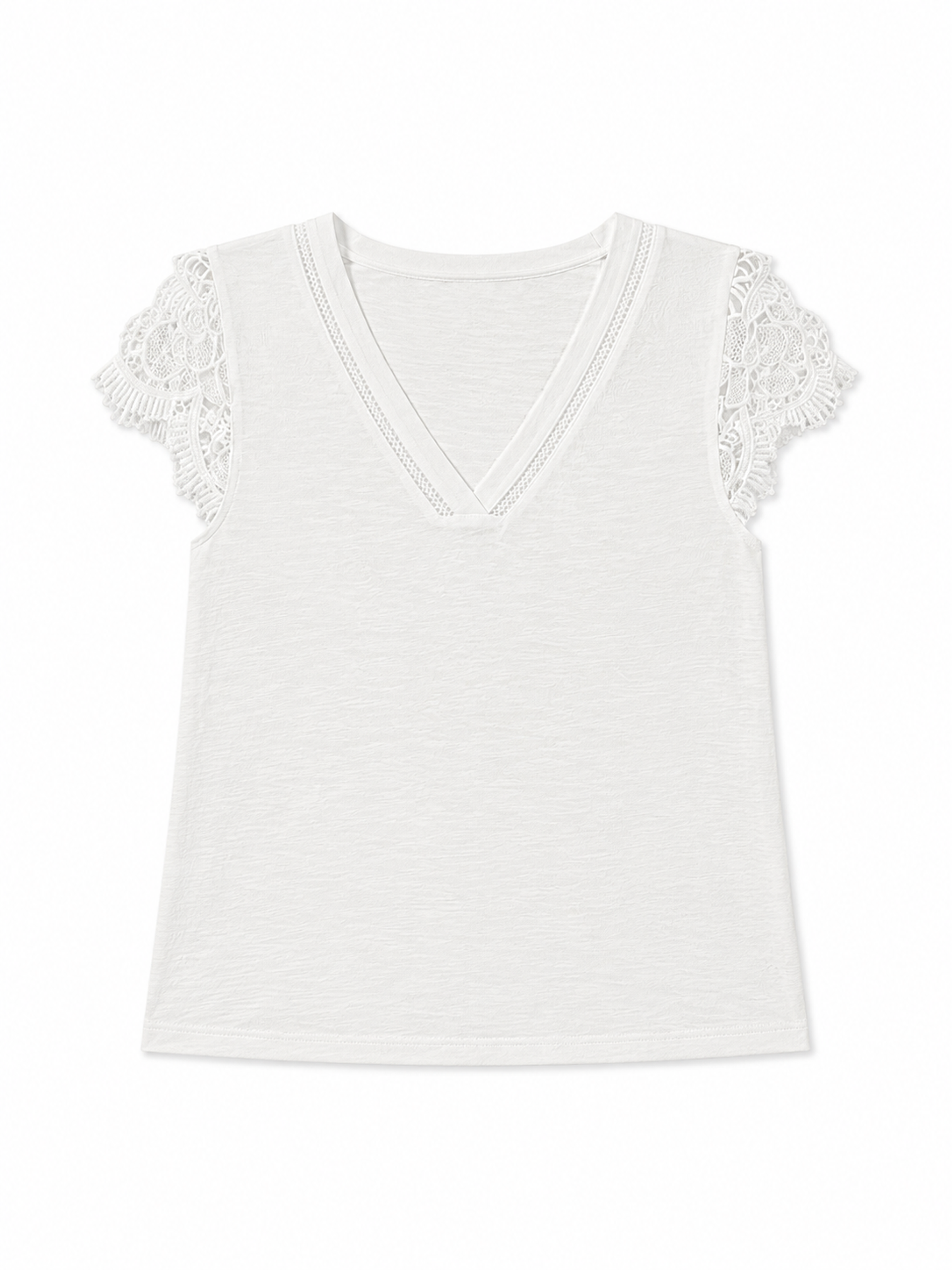 White V‑Neck Knit Top With Hollow‑Out Trim & Crochet Lace Cap Sleeves M-42248