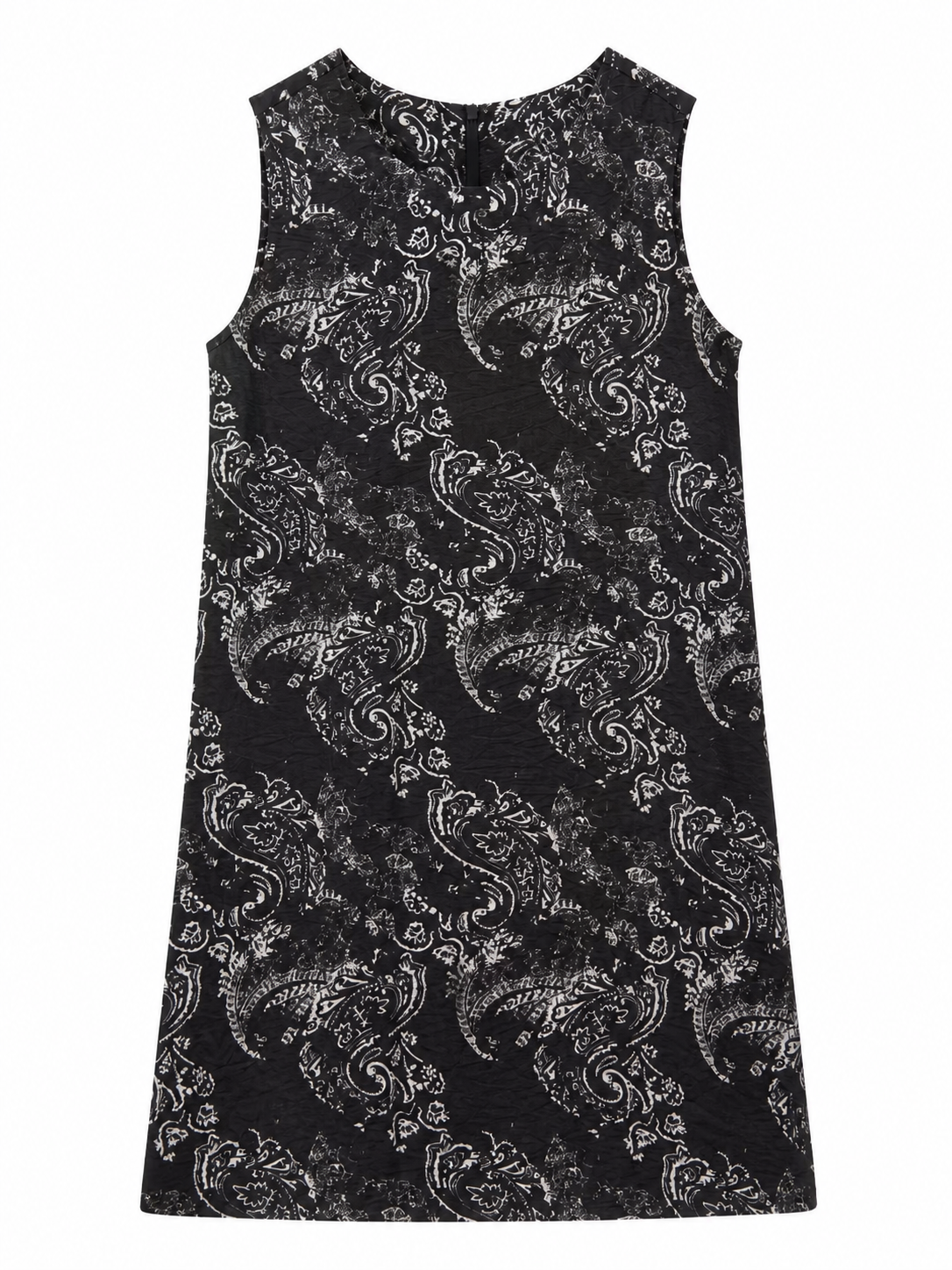 Black‑White Paisley Print Sleeveless Loose‑Fit Shift Mini Dress M-42557