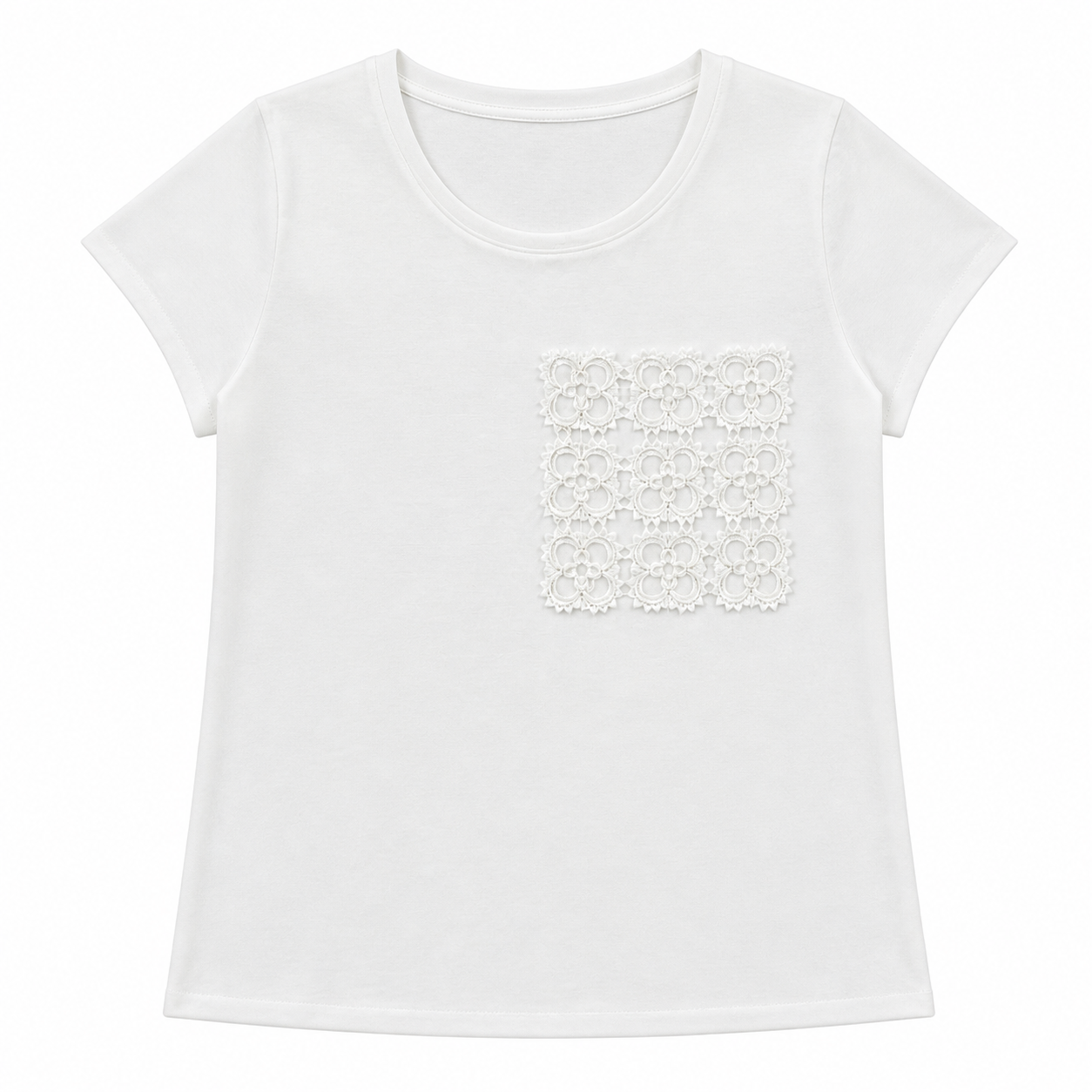 White Round‑Neck Short‑Sleeve T‑Shirt With Square Crochet‑Lace Chest Patch M-42645