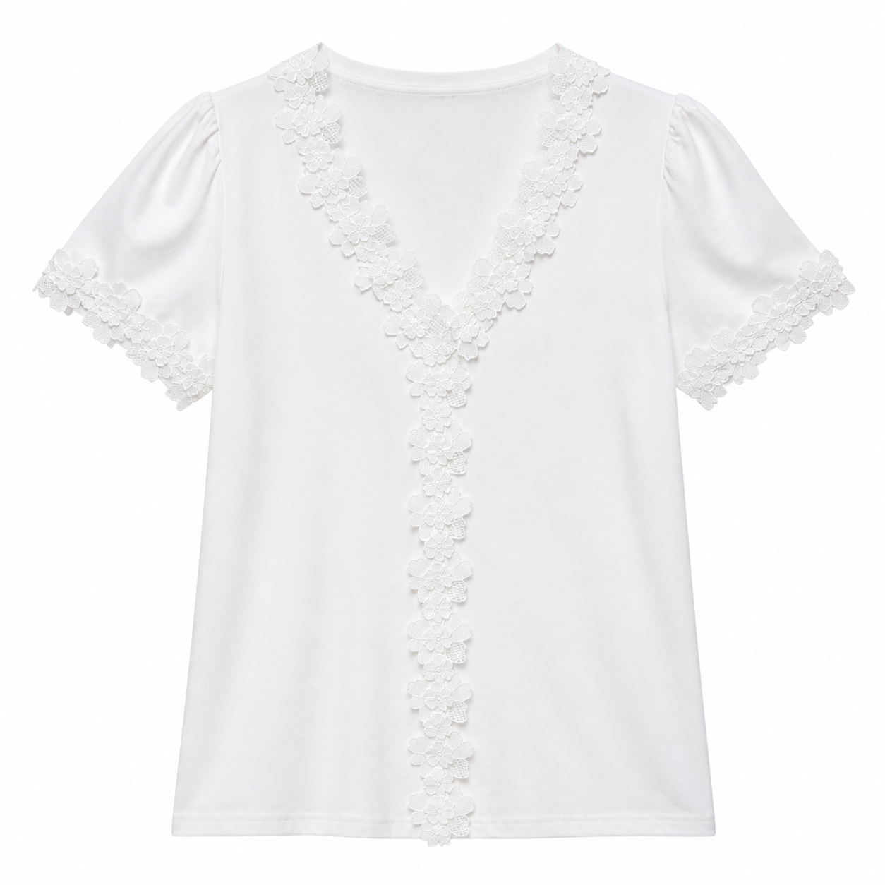 White V‑Neck Puff‑Sleeve Top With Floral Lace Trim Along Neckline & Cuffs M-42670