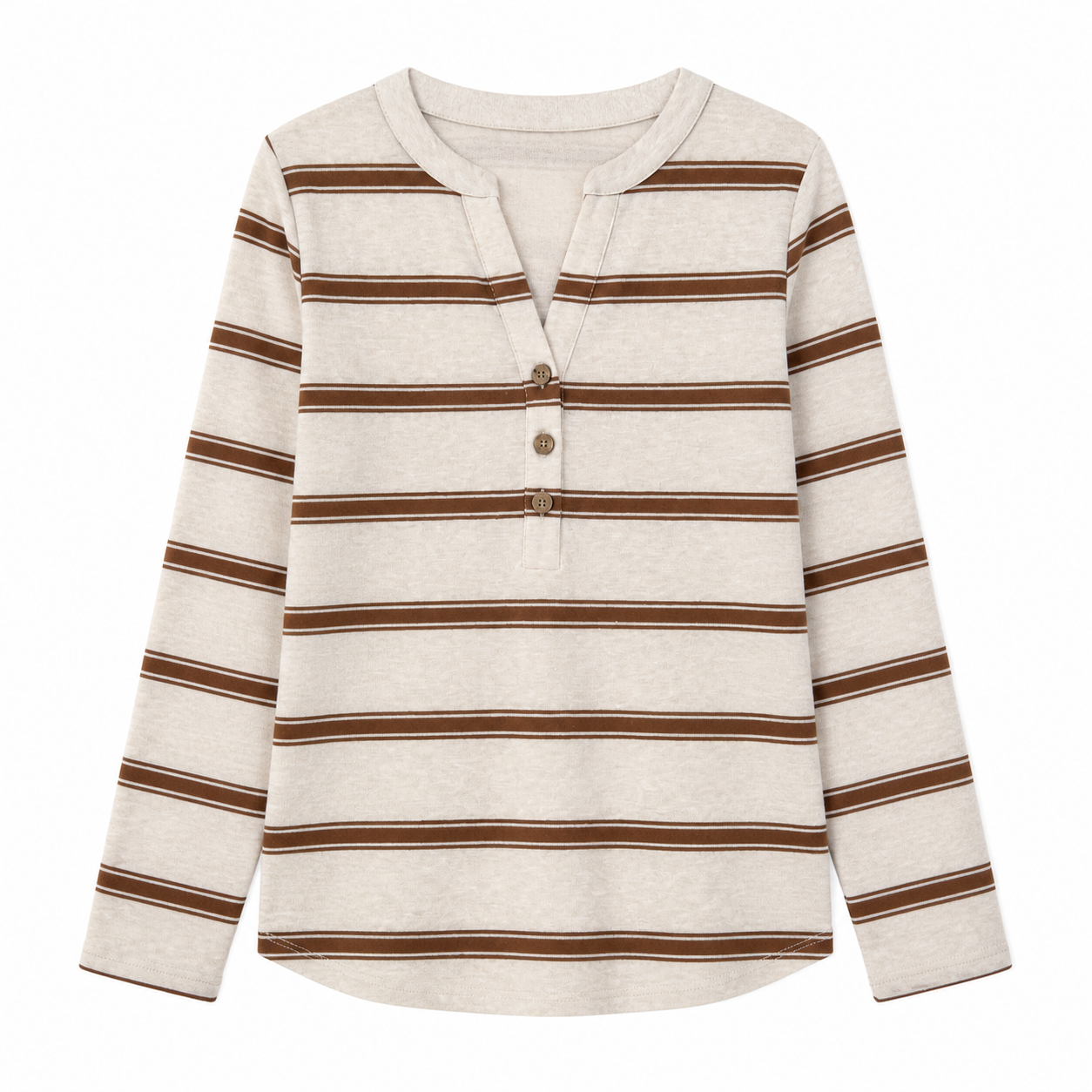 Beige‑Brown Striped Henley Long‑Sleeve Top With Side Tie Knot Hem M-43103