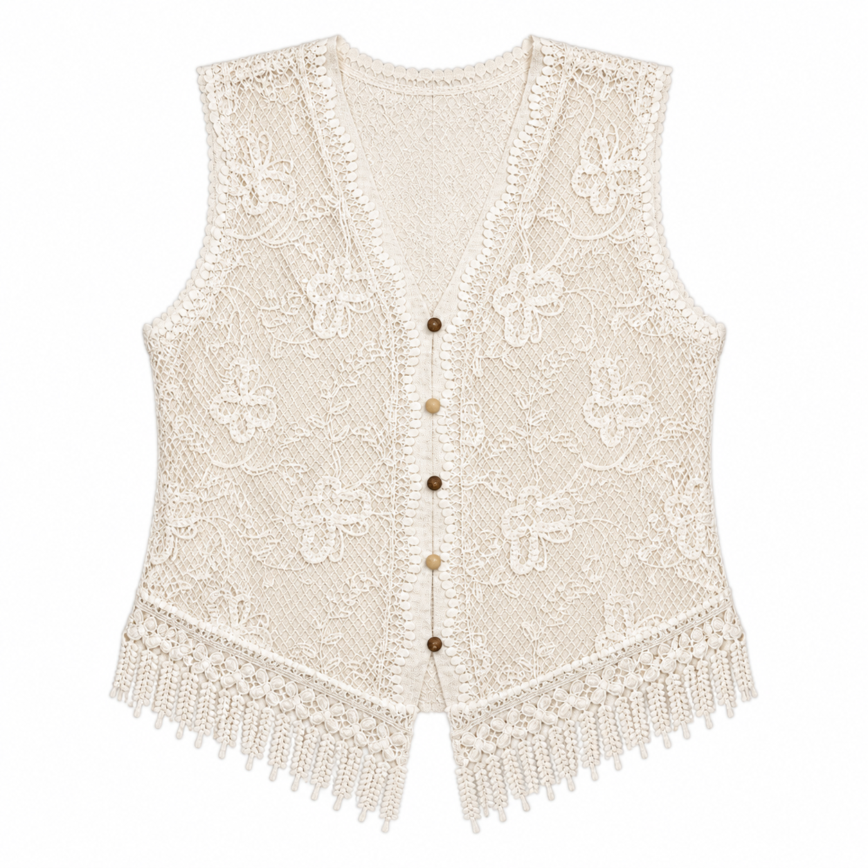 Cream Floral‑Lace Sleeveless Vest, V‑Neck Button‑Front Cropped Waistcoat With Fringe Hem W-43016