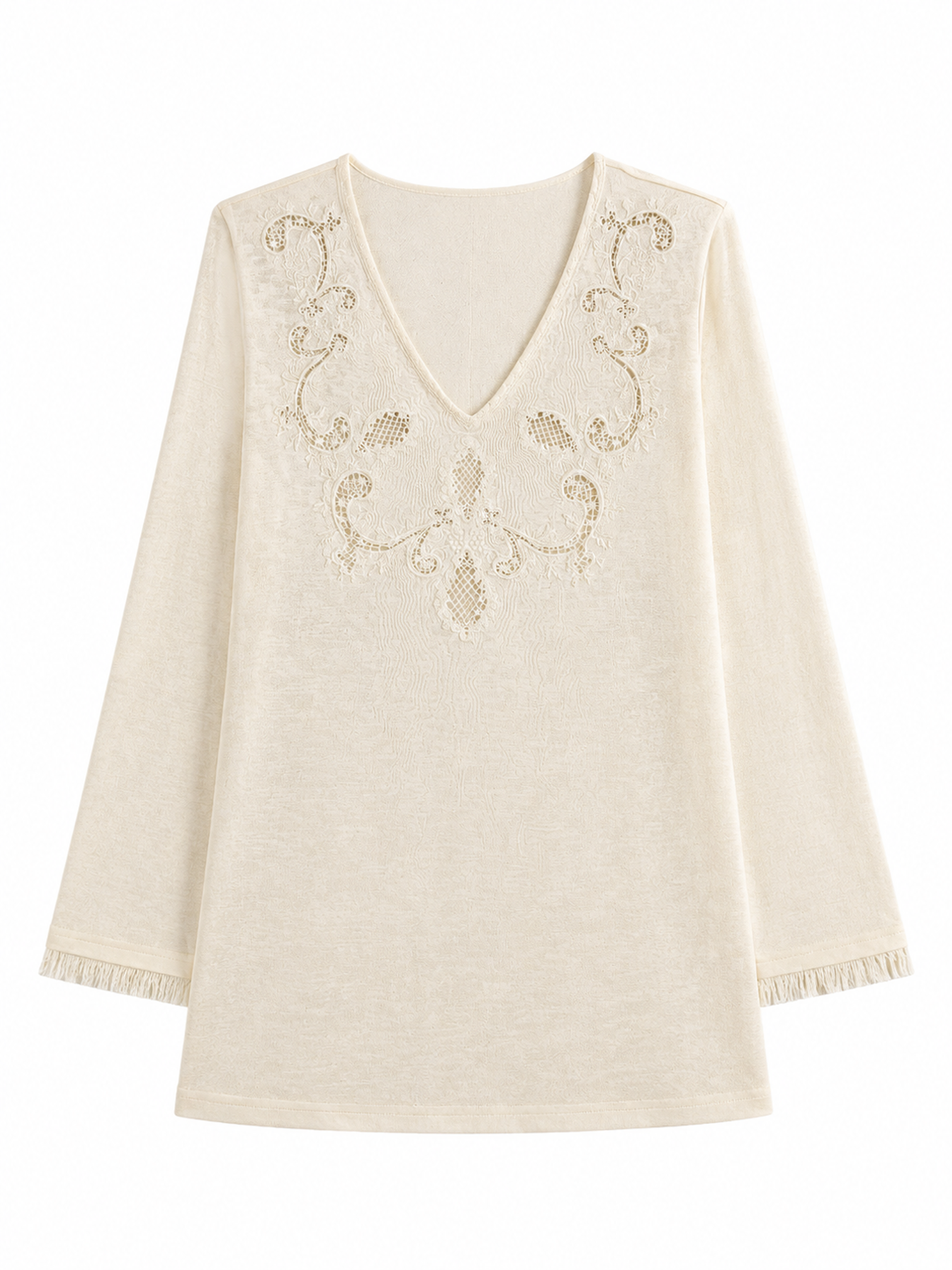 Cream V‑Neck Long‑Sleeve Top, Vintage Floral Cut‑Out Embroidery With Fringe Cuffs W-43019