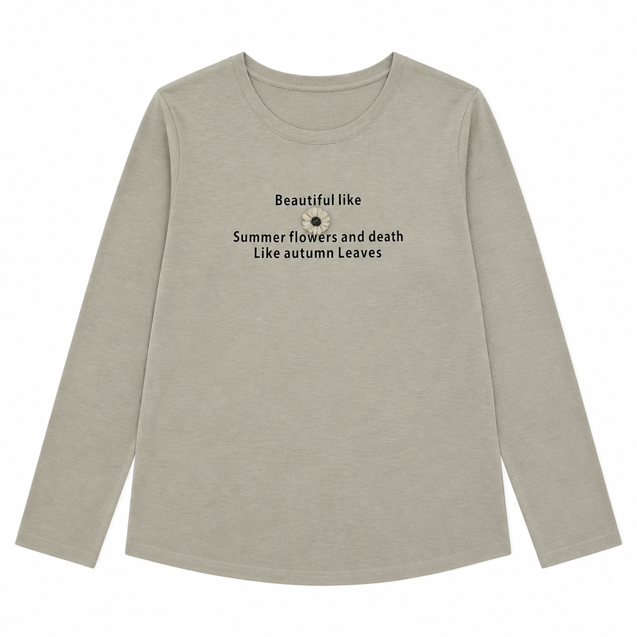 Khaki Round‑Neck Long‑Sleeve T‑Shirt, Letter Graphic Print With Decorative Flower W-43060