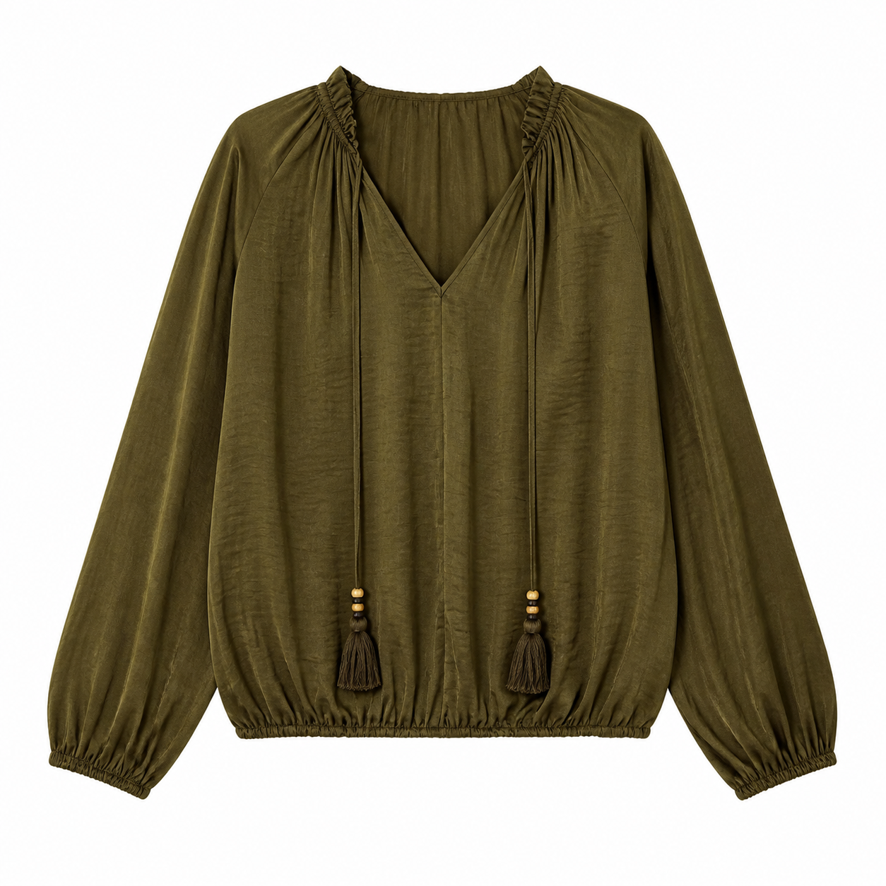 Olive Green V‑Neck Boho Blouse, Long‑Sleeve Peasant Top With Beaded Tassel Tie Neck W-43126