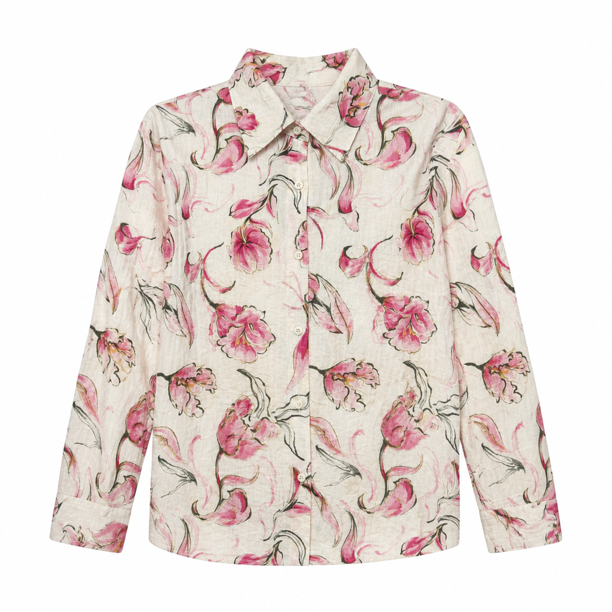 Vintage‑Inspired Pink Flower Print Textured‑Fabric Loose Button‑Up Shirt W-43128